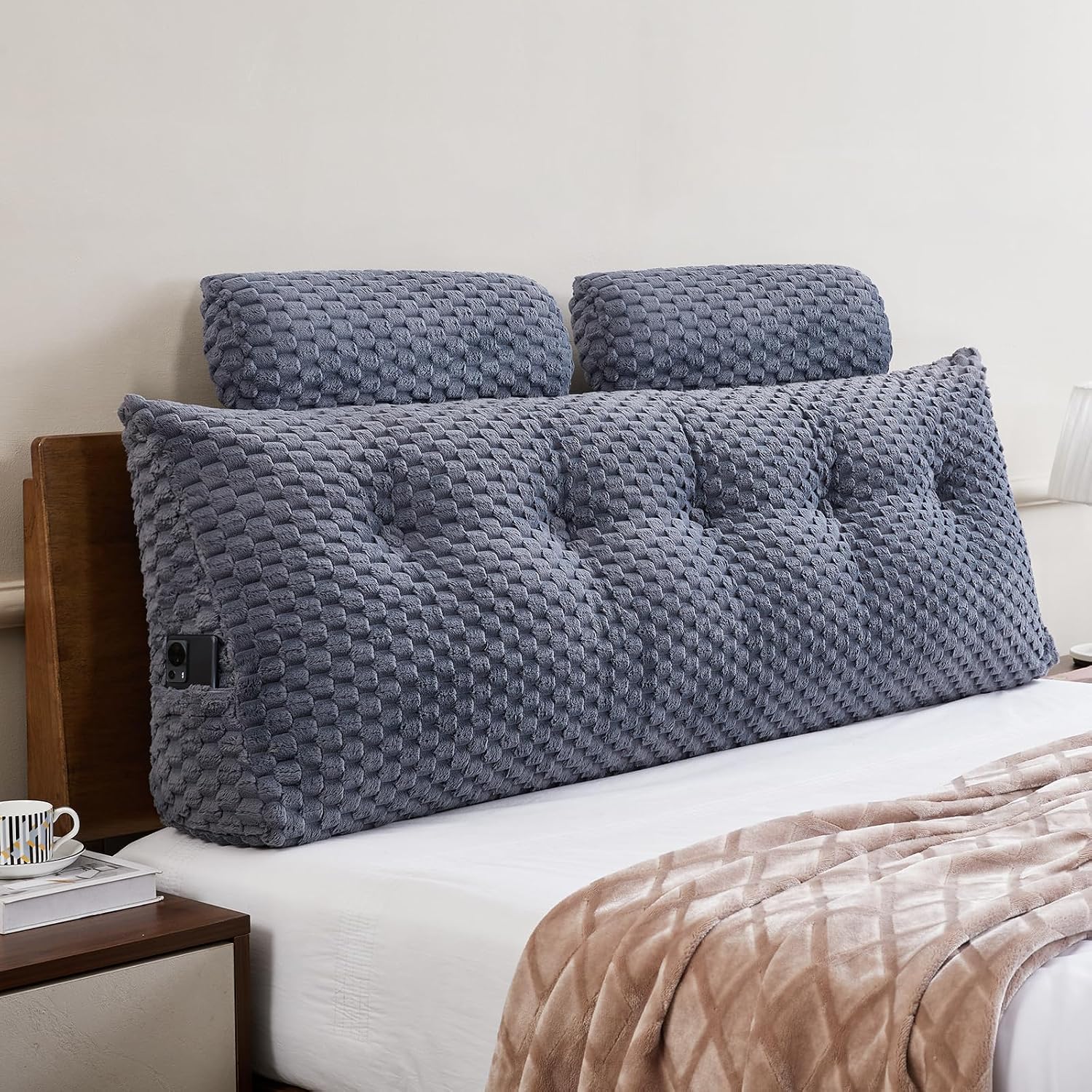 Wedge Headboard Pillow Queen- Bed Wedge Pillow for Headboard Triangular Headboard Pillow with Neck Roll Pillow-Large Bolster for Sitting…