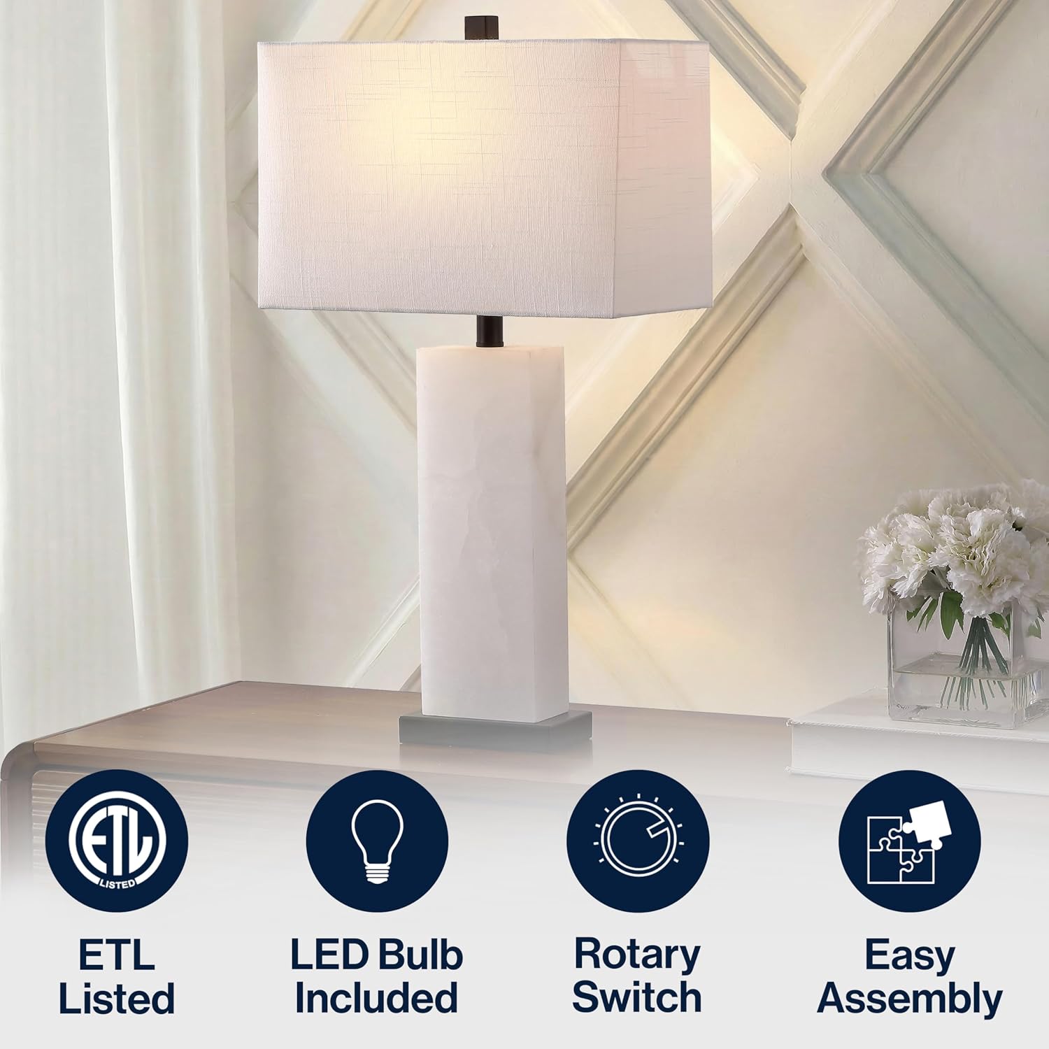 JONATHAN Y 27" White Black Alabaster Rectangular Table Lamp Contemporary Modern Bedside Nightstand Lamp for Living Room Bedroom with…