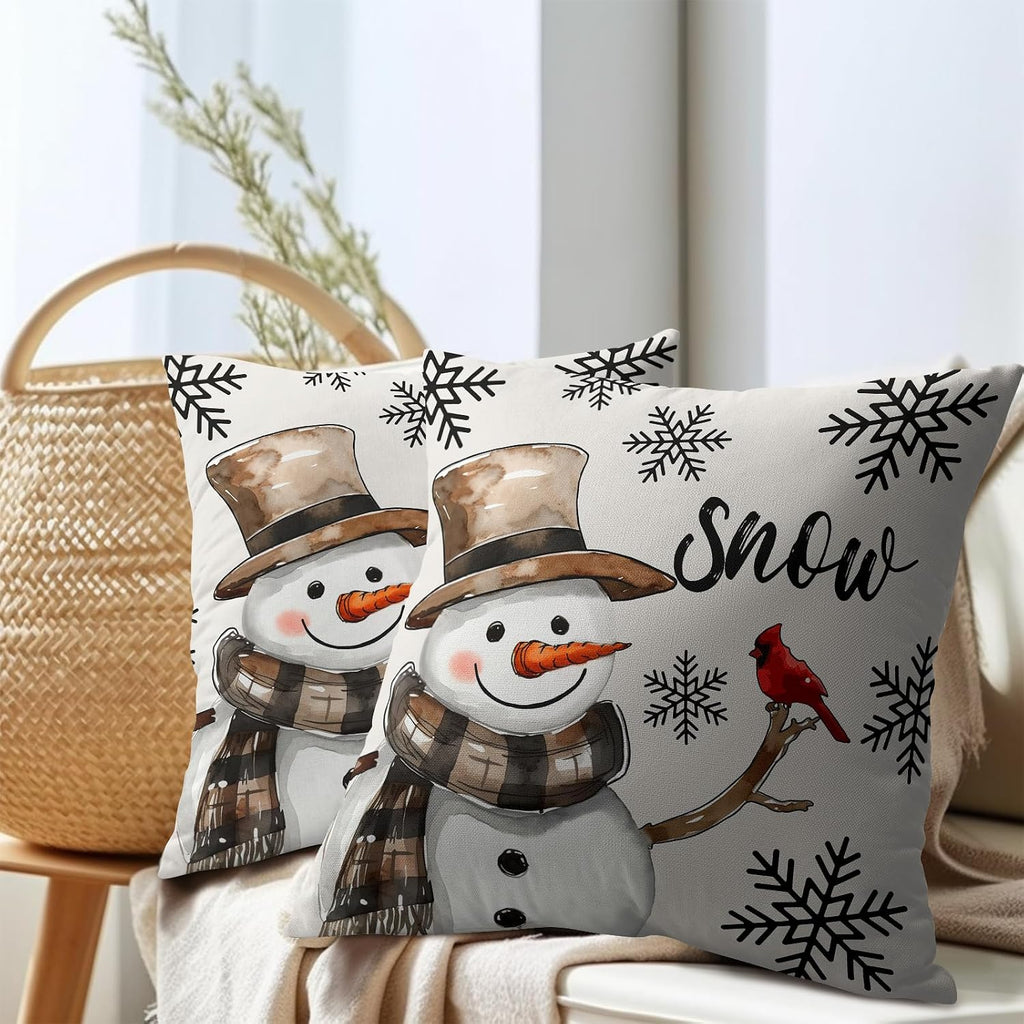 Snowman Throw Pillow Cover Christmas Pillowcase 18x18 Inch Set of 2 Snowflake and Red Cardinal Bird Decorative Cushion Cover Winter…