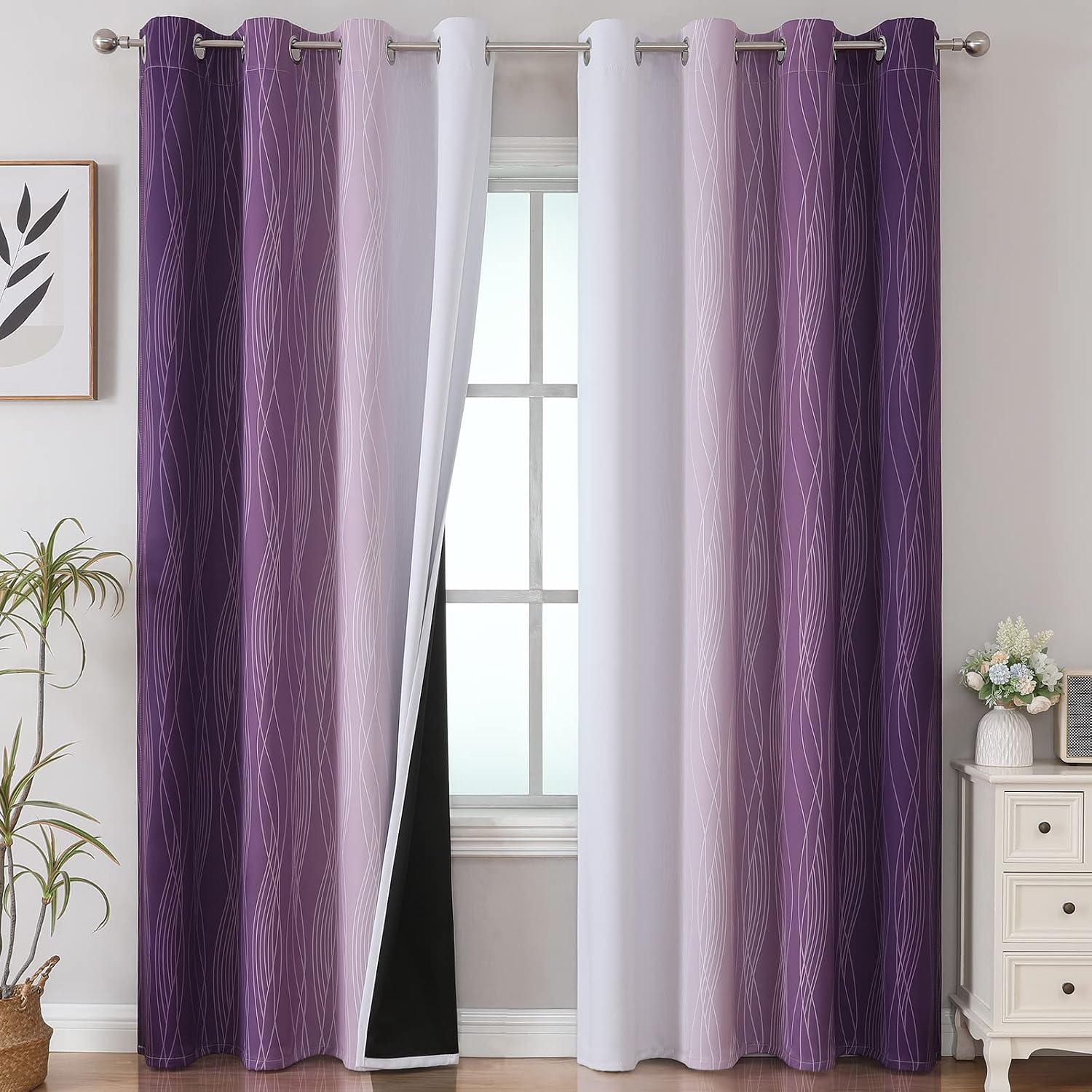 Estelartextiler Estelar Textiler Purple and Greyish White Ombre Blackout Curtains 84 Inches Long, Full Room Darkening Grommet Curtains for…