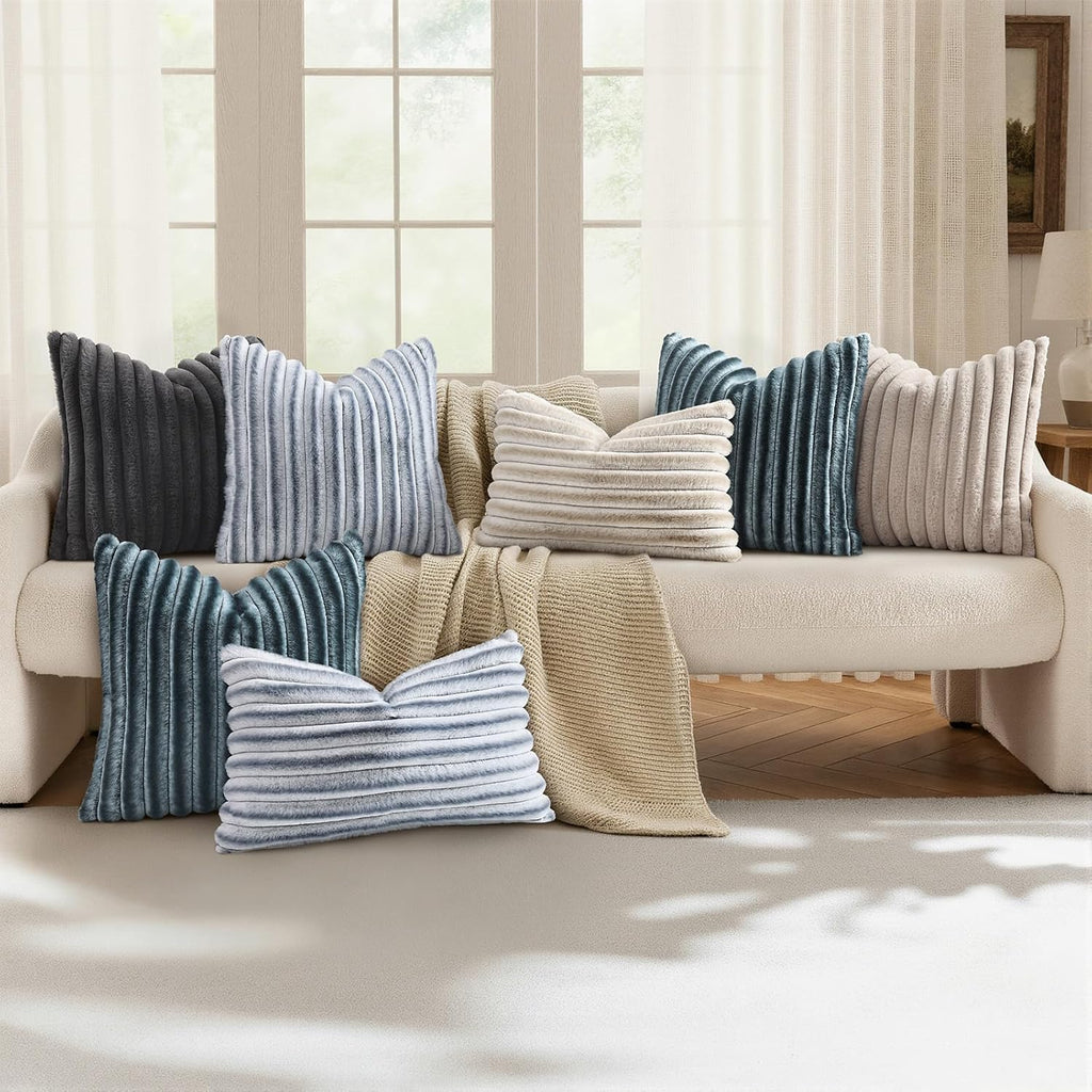 decorUhome Cozy Faux Fur Throw Pillow Covers 12x20 Set of 2 Decorative Soft Plush Striped Lumbar Modern Farmhouse Boho Couch Pillow Cases w…