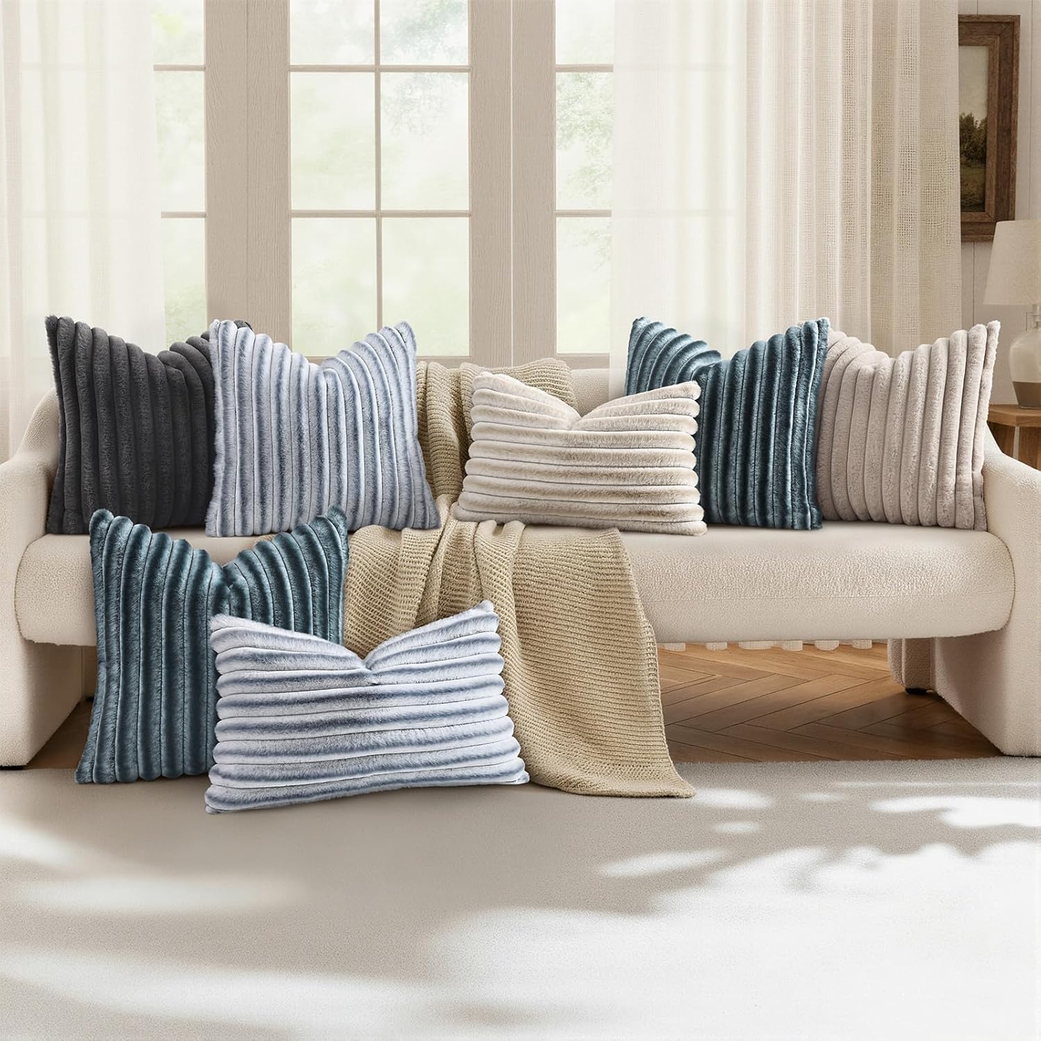 decorUhome Cozy Faux Fur Throw Pillow Covers 12x20 Set of 2 Decorative Soft Plush Striped Lumbar Modern Farmhouse Boho Couch Pillow Cases w…