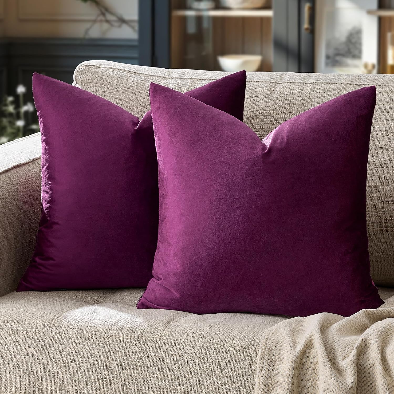 GIGIZAZAFocusingonhomedecoration GIGIZAZA Decorative Throw Pillow Covers 26x26, Set of 2 Purple Square Couch Pillow Covers, Velvet Sofa Boho…