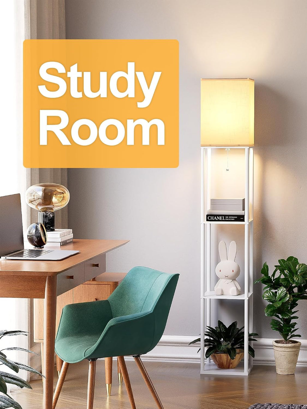 Floor Lamp with Shelves for Living Room White, Shelf Floor Lamp with 3 CCT LED Bulb, Corner Display Standing Column Lamp Etagere…