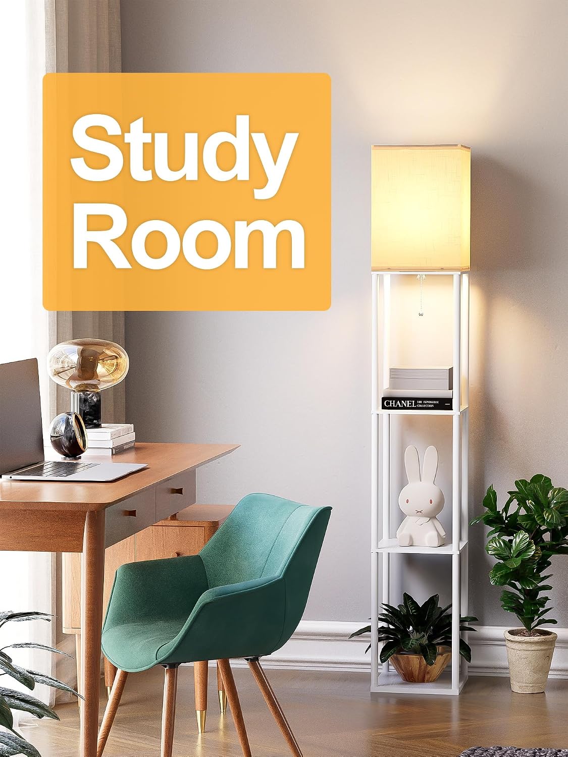 Floor Lamp with Shelves for Living Room White, Shelf Floor Lamp with 3 CCT LED Bulb, Corner Display Standing Column Lamp Etagere…