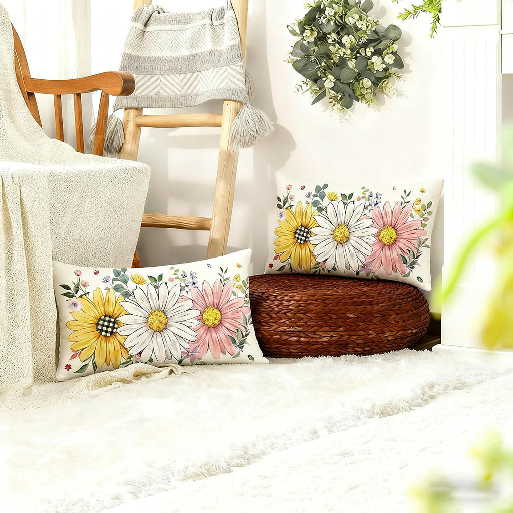 Baccessor Spring Summer Floral Pillow Cover 12x20 Inch, Sunflower Daisy Flowers Lumbar Pillow Case Home Spring Holiday Bed Cushion Sofa Cou…