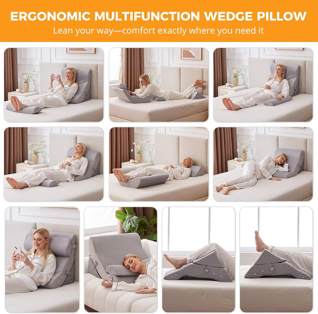 Ruqmuis 3PCS Wedge Pillow Set for After Surgery, Adjustable Back Pillow for Bed Sitting up, Acid Reflux, Bed Wedge Pillow Headboard for Sle…
