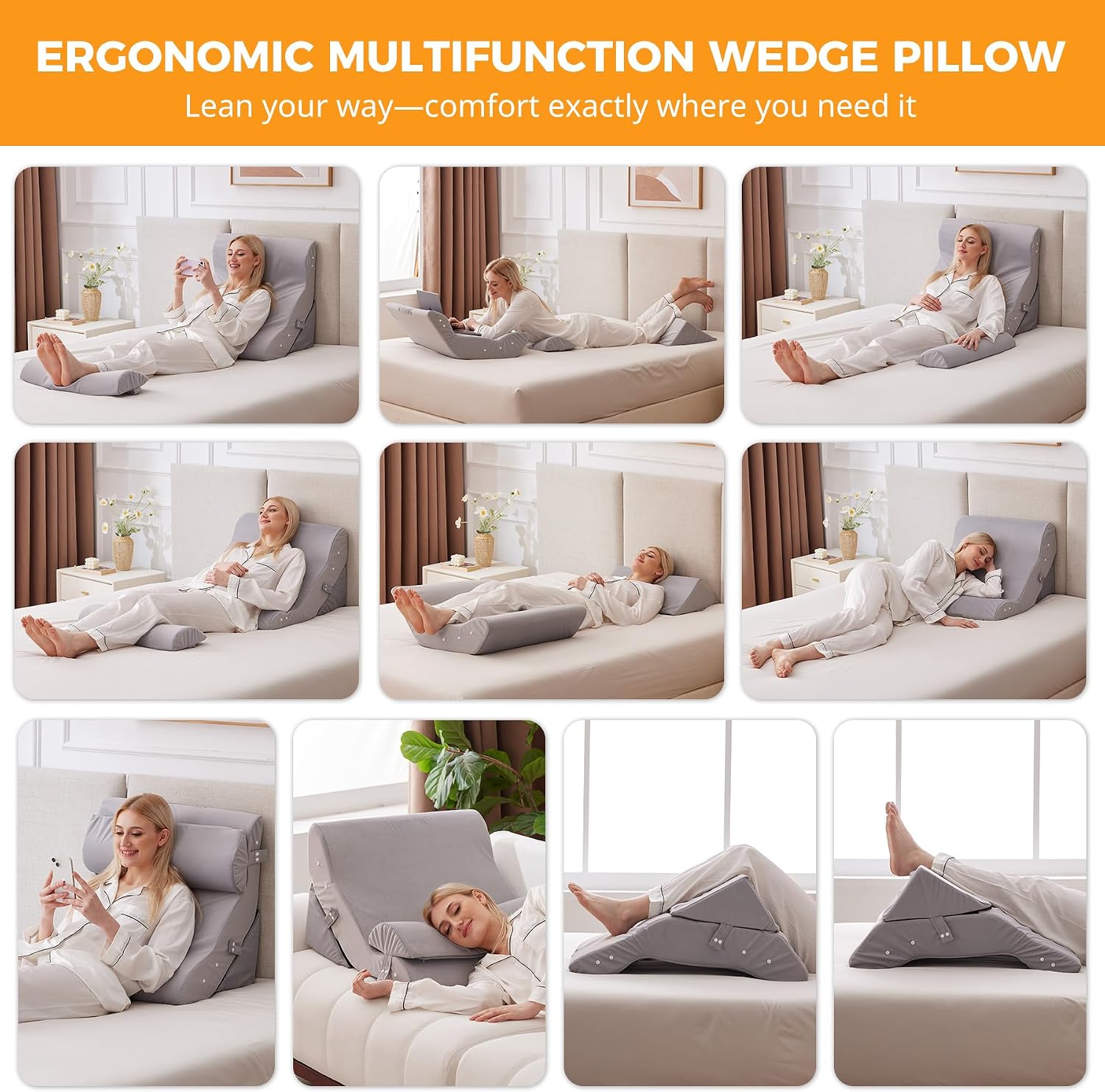 Ruqmuis 3PCS Wedge Pillow Set for After Surgery, Adjustable Back Pillow for Bed Sitting up, Acid Reflux, Bed Wedge Pillow Headboard for Sle…