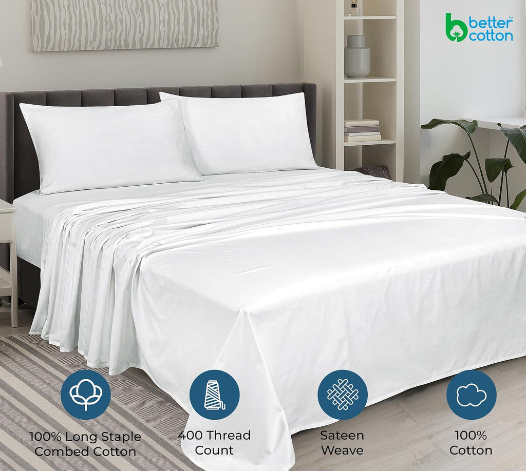 Royalelinens ROYALE LINENS 400 Thread Count 100% American Grown Cotton 4 Piece Sateen King Sheet Set - 1 Fitted Sheet, 1 Flat Sheet, 2 Pill…