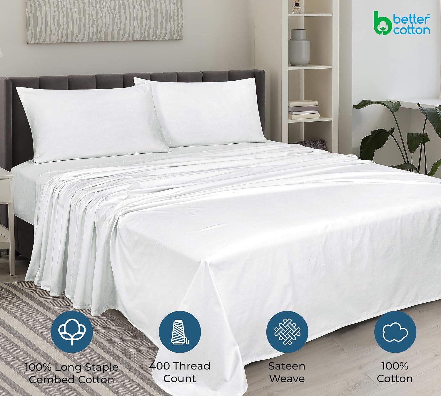 Royalelinens ROYALE LINENS 400 Thread Count 100% American Grown Cotton 4 Piece Sateen King Sheet Set - 1 Fitted Sheet, 1 Flat Sheet, 2 Pill…