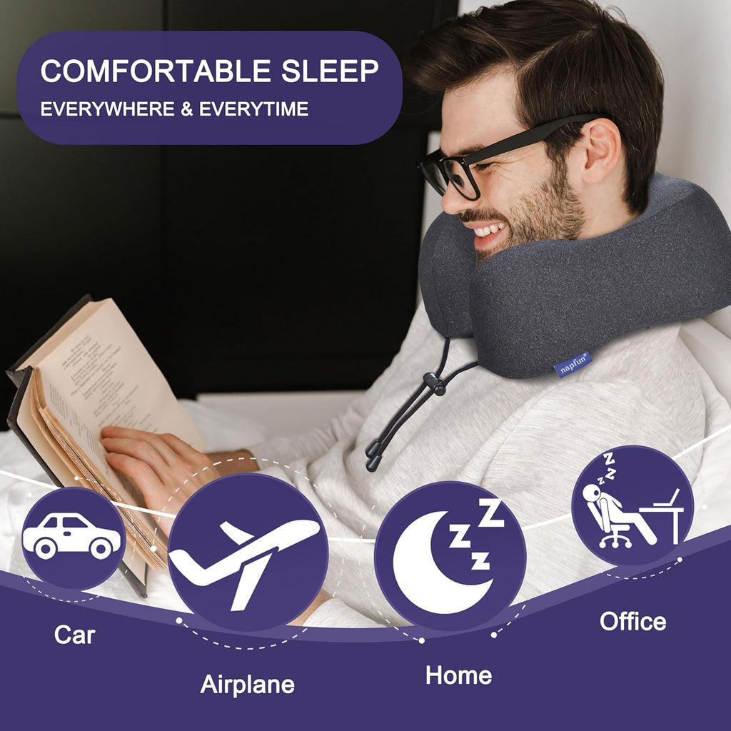 napfun Neck Pillow for Traveling, Upgraded Travel Neck Pillow for Airplane 100% Pure Memory Foam Travel Pillow for Flight Headrest Sleep…