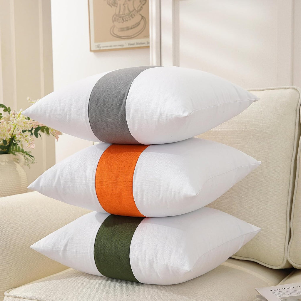 TAOSON Set of 2, 100% Cotton Canvas Patchwork Throw Pillow Covers 20x20 Inch Modern Olive Green Striped Pillow Cushion Covers Farmhouse…