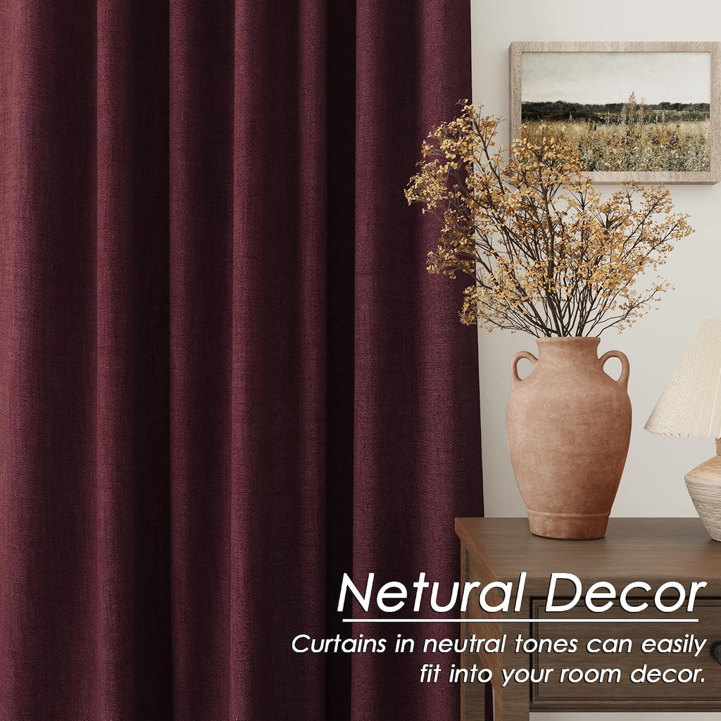 Nanspring Burgundy 100% Blackout Linen Curtains for Bedroom 90 Inches Long Back Tab Thermal Insulated Vintage Rustic Decor Black Out Curtai…