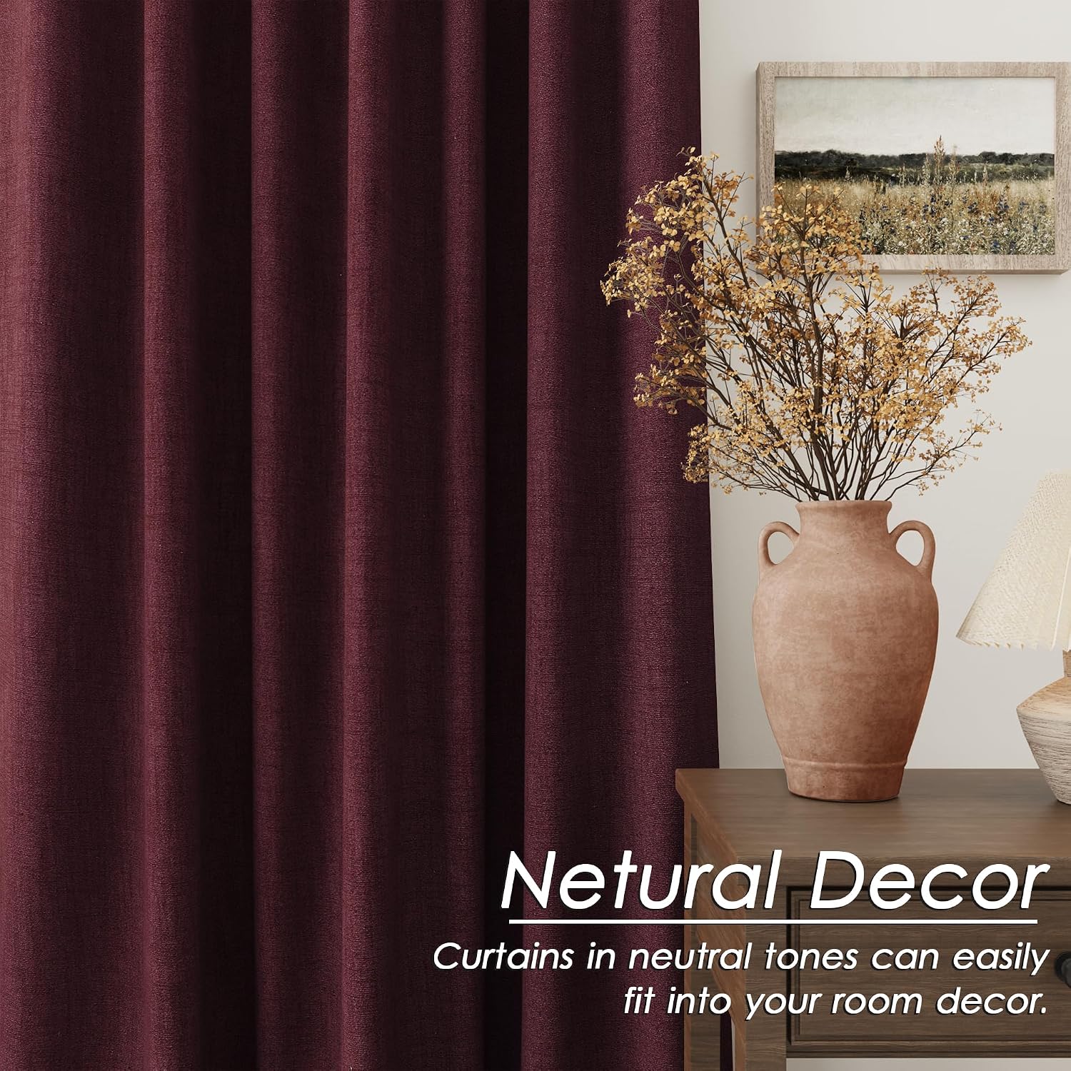 Nanspring Burgundy 100% Blackout Linen Curtains for Bedroom 90 Inches Long Back Tab Thermal Insulated Vintage Rustic Decor Black Out Curtai…