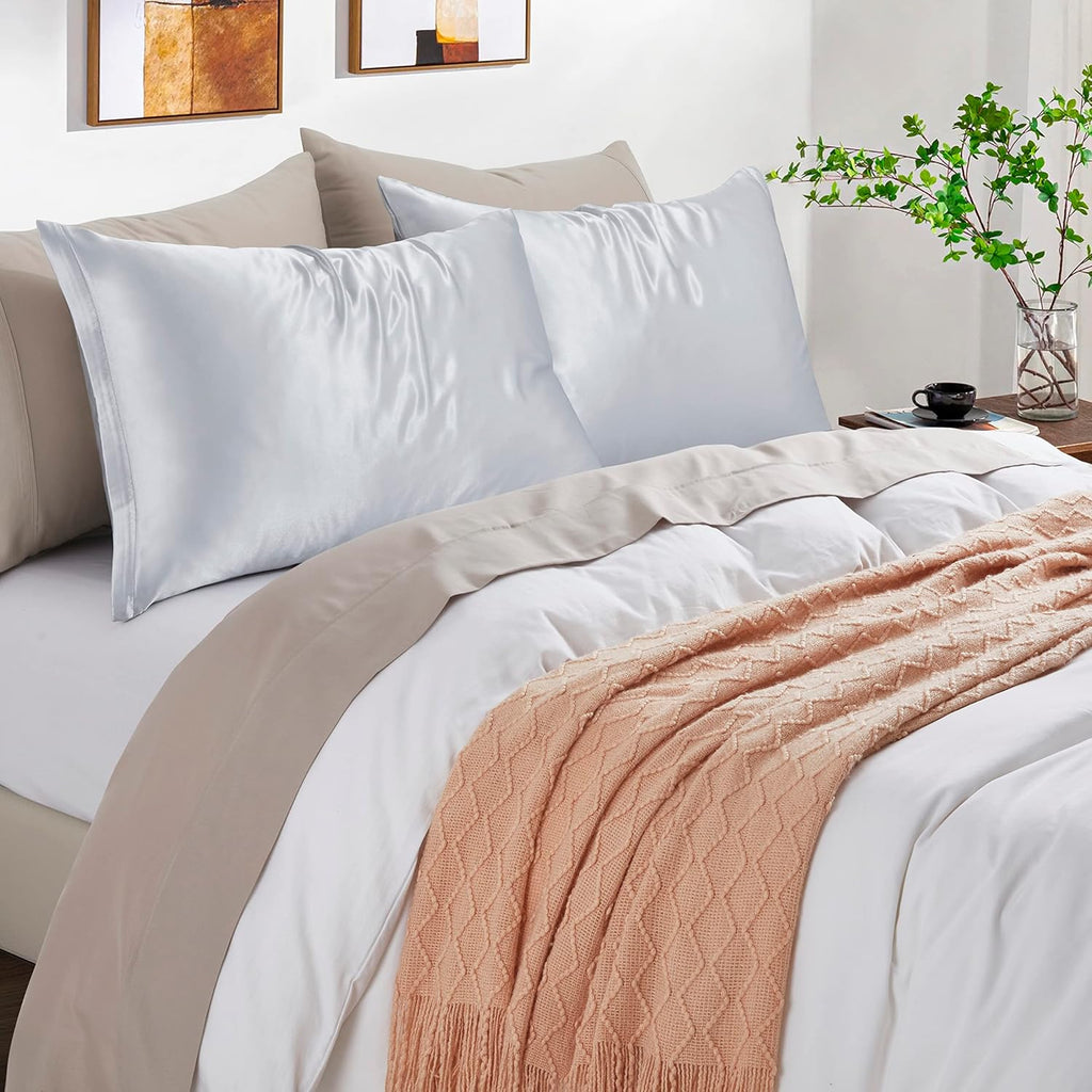 HommxJF Satin Pillowcases with Zipper (20x26), Standard Size Pillowcases Set of 2, Light Gray Silk Pillowcase for Hair and Skin Gray