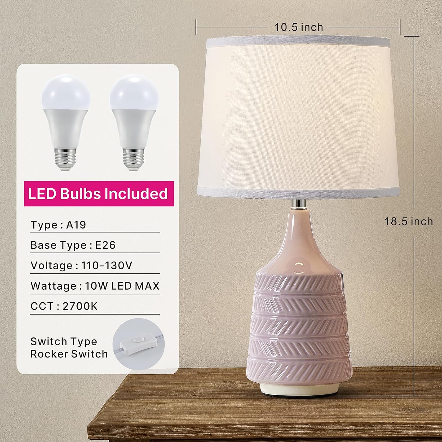 Pink Ceramic Table Lamps Set of 2, 18.5" Modern Bedside Lamps for Night Stands, Decor Classic Small Lamps for Living Room End Tables…