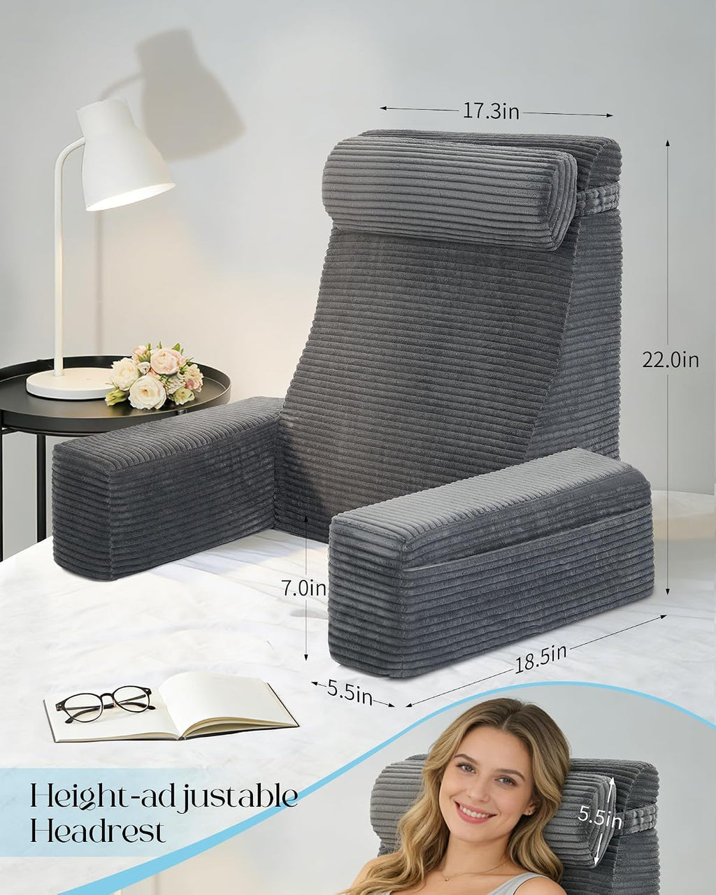 Seniny Reading Pillow for Bed Adult - 22" Back Support Pillow for Sitting Up Rest, Husband Bed Chair and Backrest Pillow with Arms, Lounge…