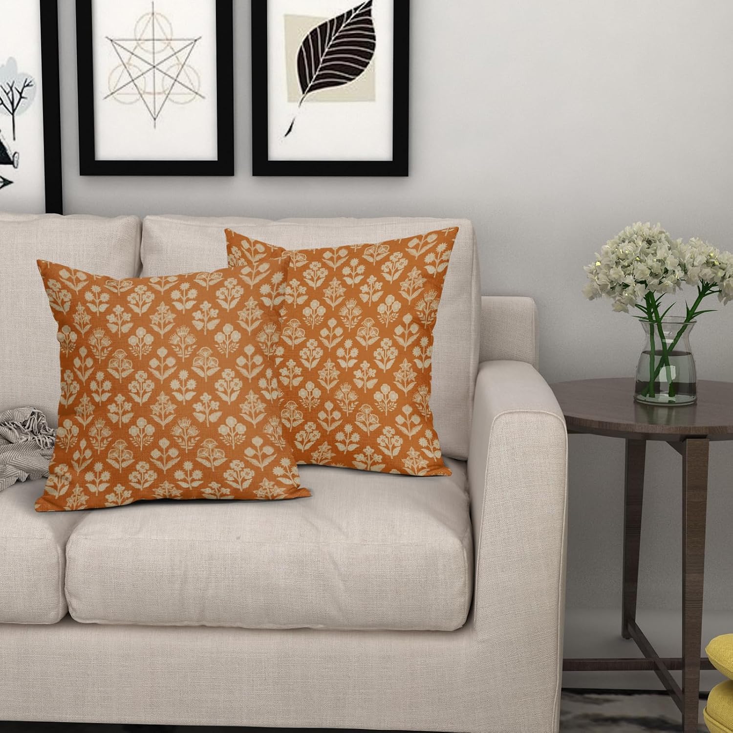 Burnt Orange Floral Block Print Pillow Covers 20x20 Inch Set of 2, Vintage Flower Pattern Decorative Throw Pillowcases Outdoor Farmhouse…