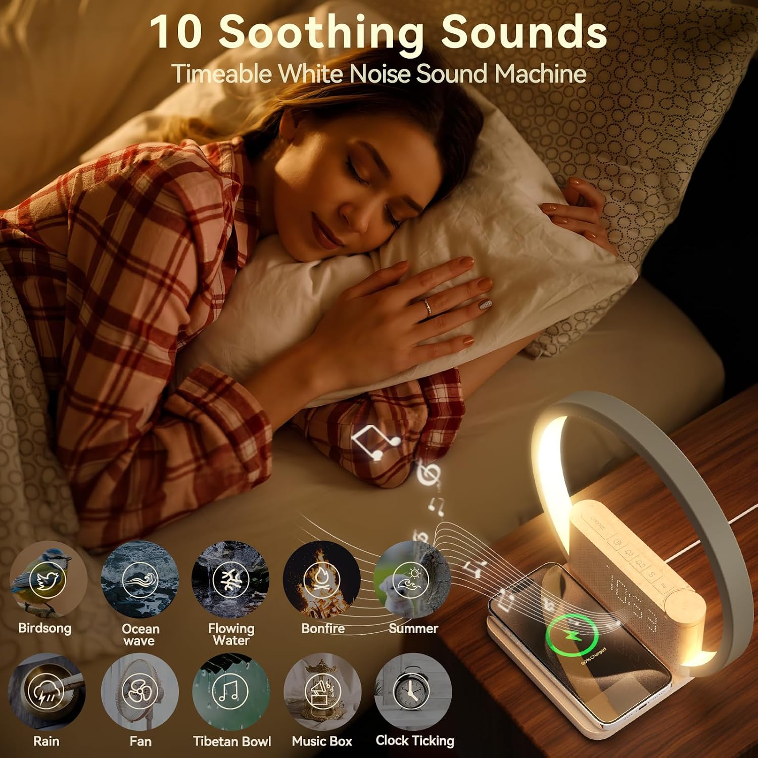 Vivilumens Sunrise Alarm Clock Wireless Charger, 10 White Noise Sound Machine Alarm Clock with 30/60/90 Mins Timer, 3 Levels Touch Night…