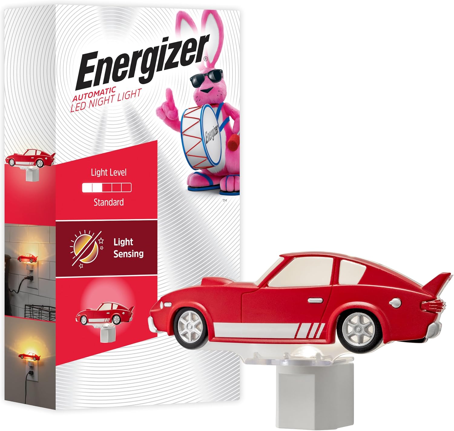 Energizer Race Car Night Light, Light Sensing, LED, Soft White, 3000K, Red, Nightlight for Bedroom, Bathroom, Nursery, Hallway, Kitchen…