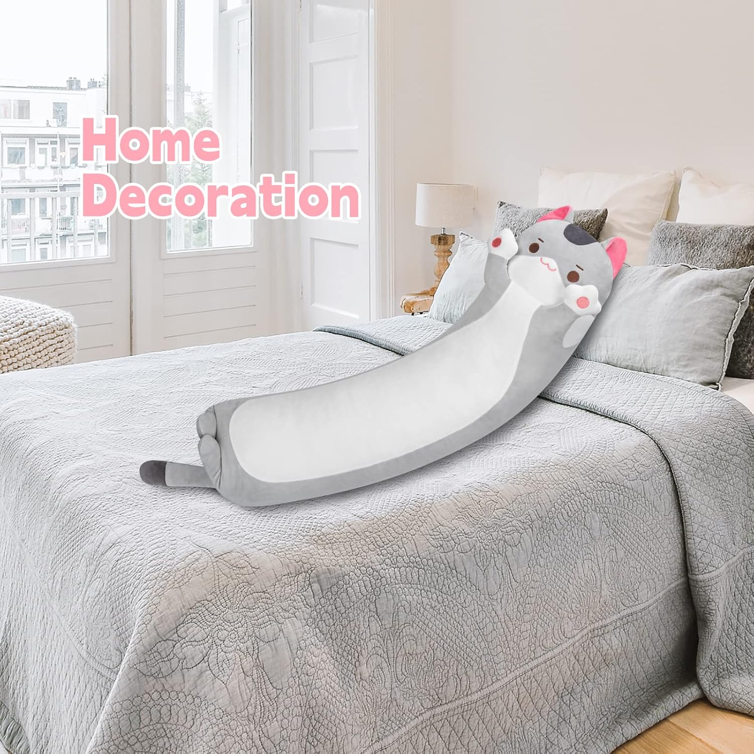 Mewaii Long Cat Plush Body Pillow, Cute Gray Cat Stuffed Animals Kawaii Plushies, Squishy Body Pillow Plush Toys for Kids Girls Boys (28…