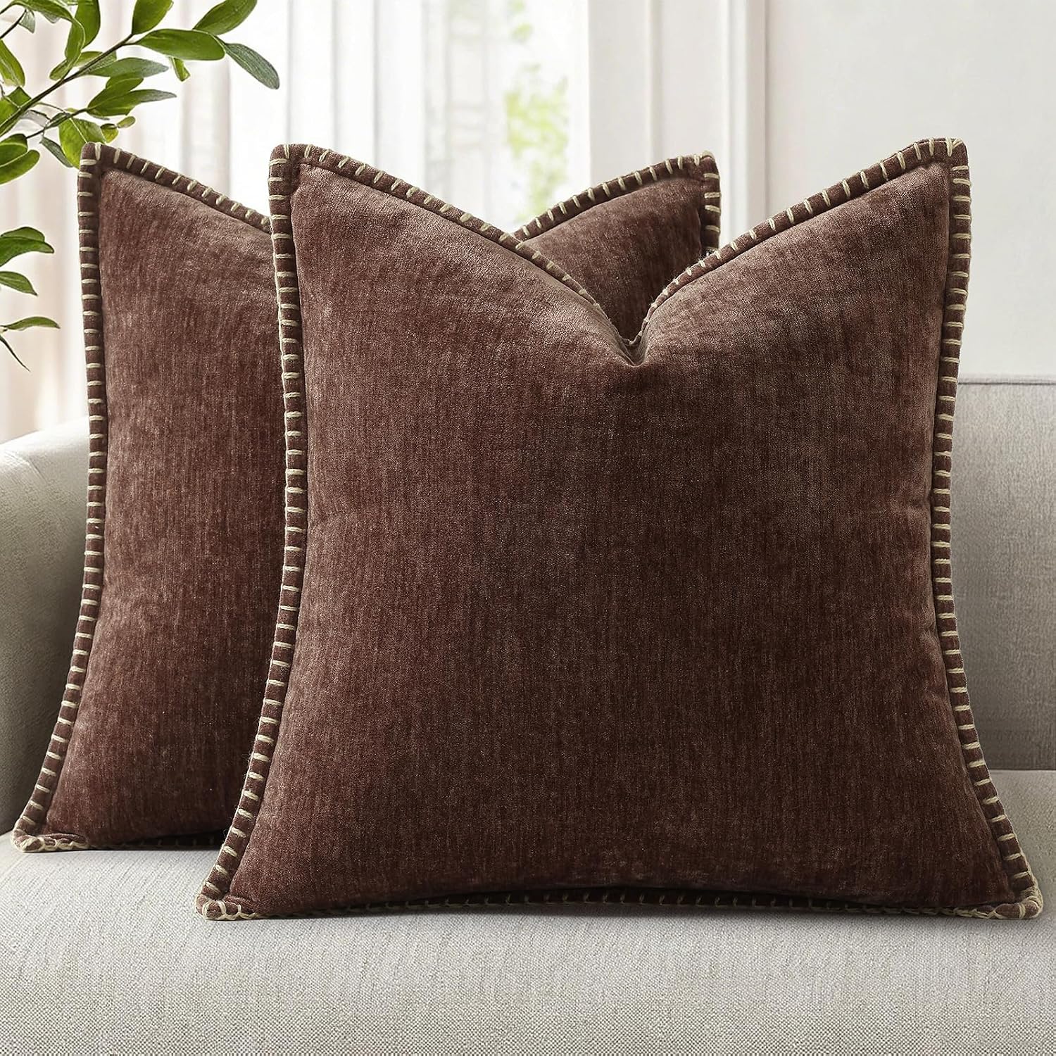 decorUhome Chenille Soft Cozy Throw Pillow Covers 16x16 Set of 2, Modern Farmhouse Boho Velvet Decorative Pillow Cases with Stitched Edge f…