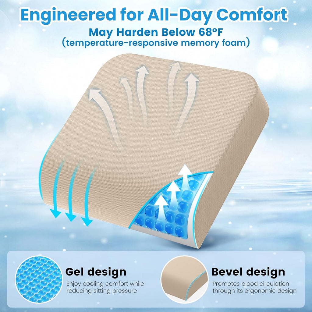 Wheelchair Seat Cushion for Pressure Relief, Cooling Gel Memory Foam Chair Cushion with Slope-Edge Design, Coccyx Support for Tailbone…