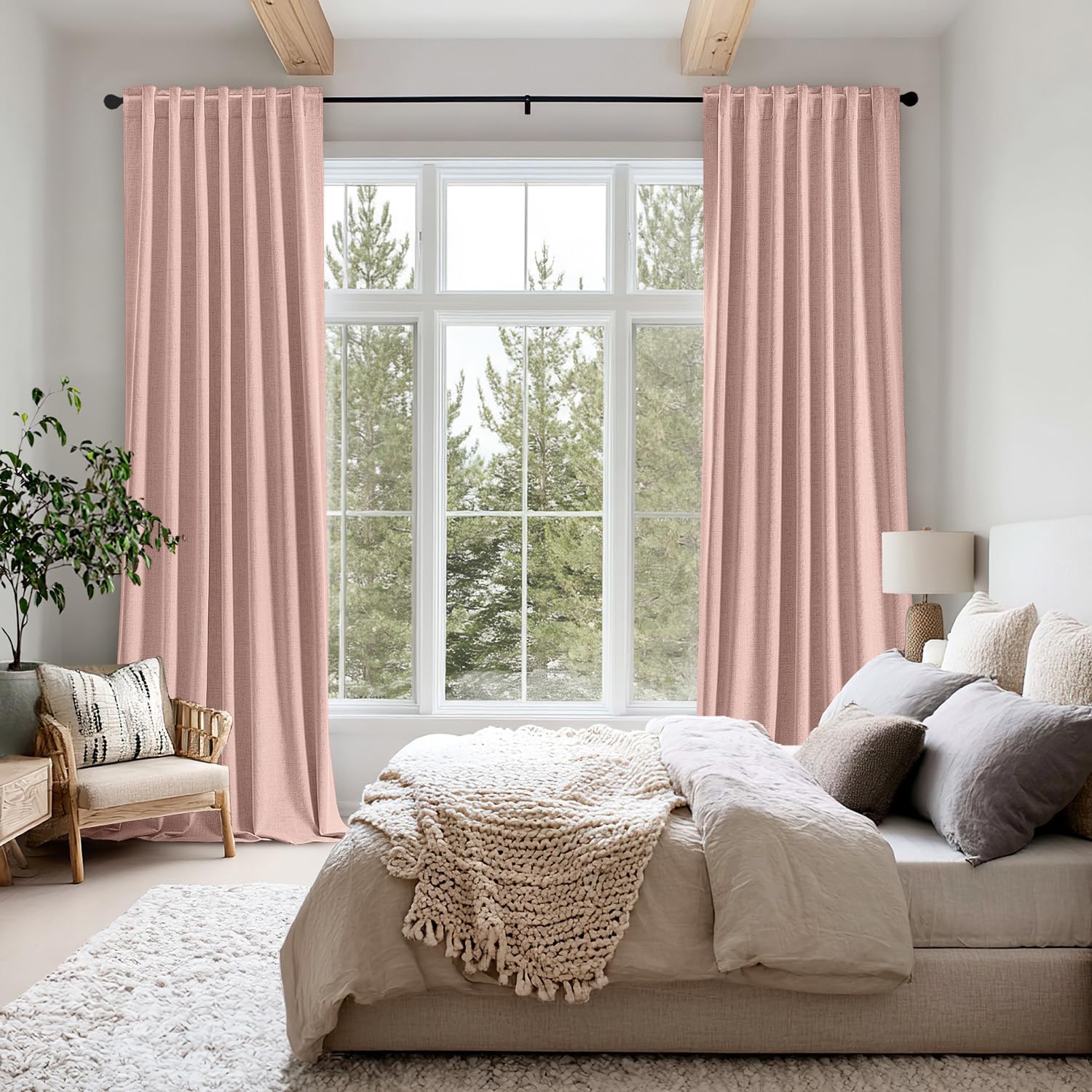 Miulee 100% Blackout Linen Curtains for Bedroom, Blush Pink Solid Luxury Decor Thermal Insulation Room Darkening Drapes for Living Room Nur…