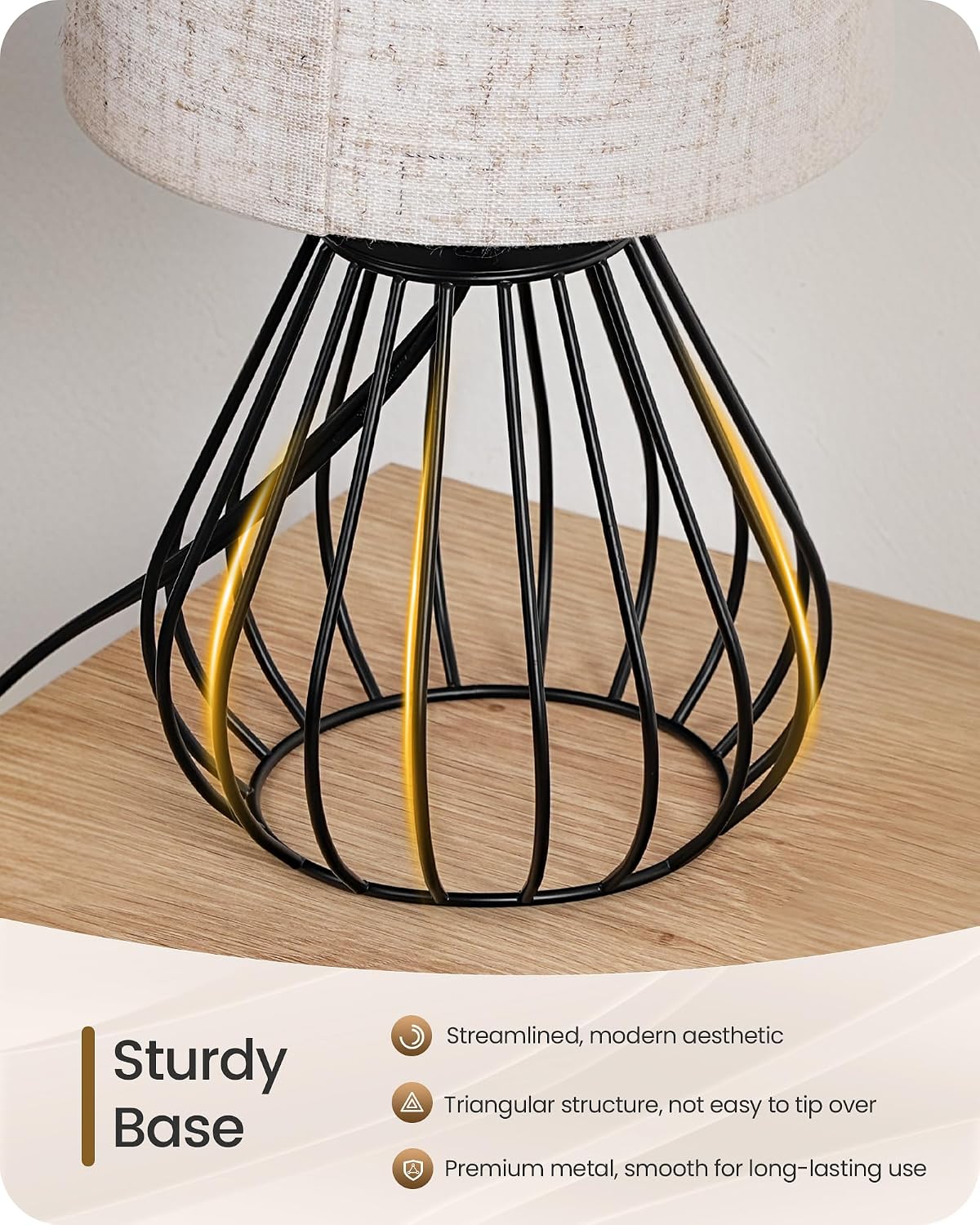 Small Bedside Table Lamp, Black Table Lamp with Metal Cage & Linen Lampshade, Modern Cute Desk Lamp, Cozy Nightstand Lamp for Bedroom…
