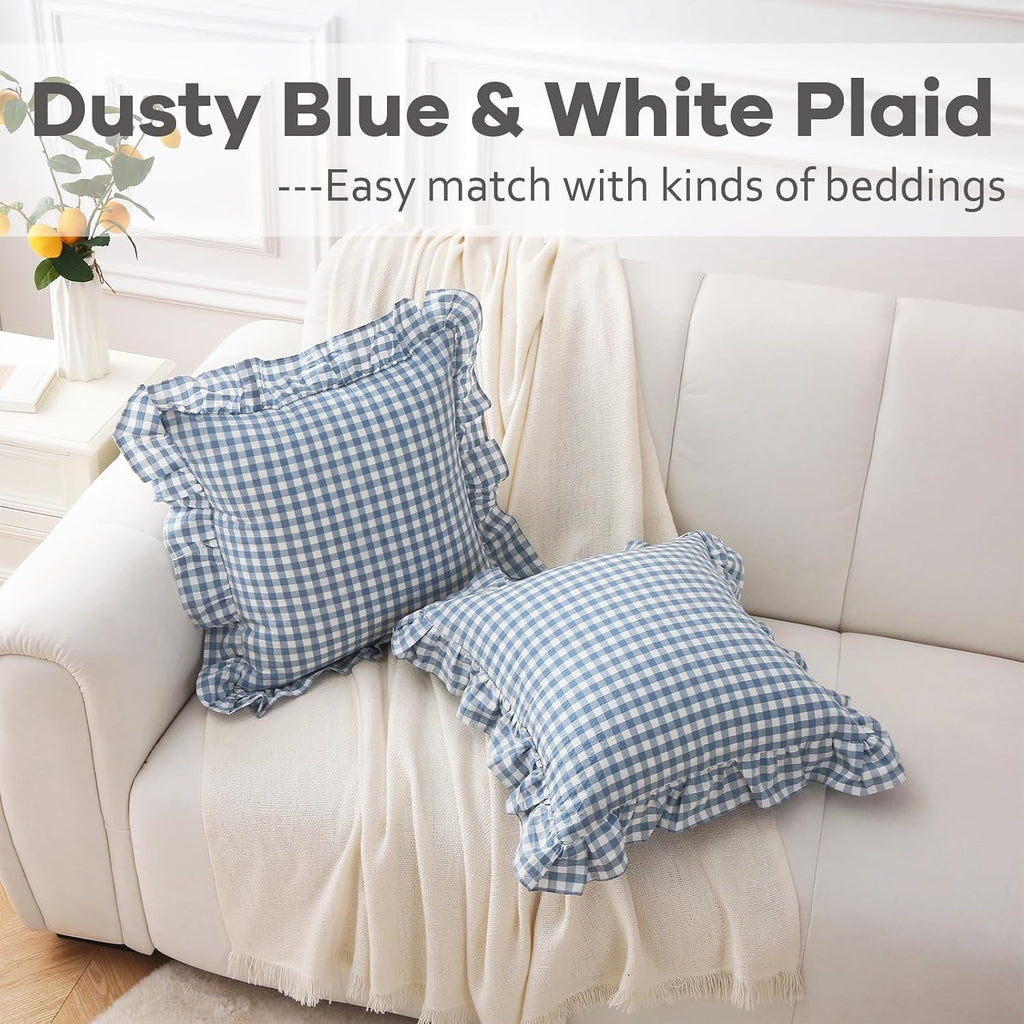 Kmasaniji 2 Pack Dust Blue White Plaid Gingham Ruffle Throw Pillow Covers, 100% Washed Cotton Decorative Buffalo Checkered Farmhouse Pillow…