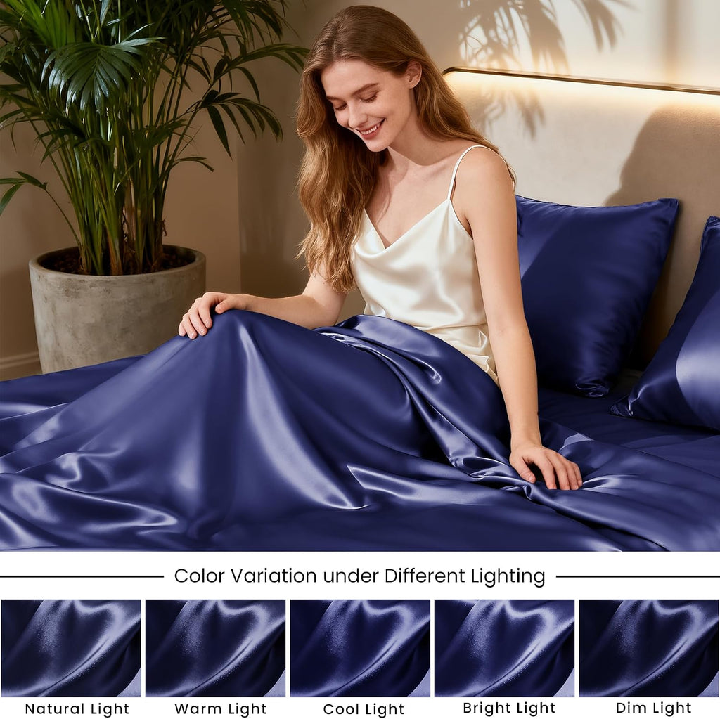 Lovescabin Love's cabin California King Satin Sheet Sets - 4 Piece Navy Blue Silky Sheets Bed Set with Deep Pocket, Luxury Silk Feel Satin…