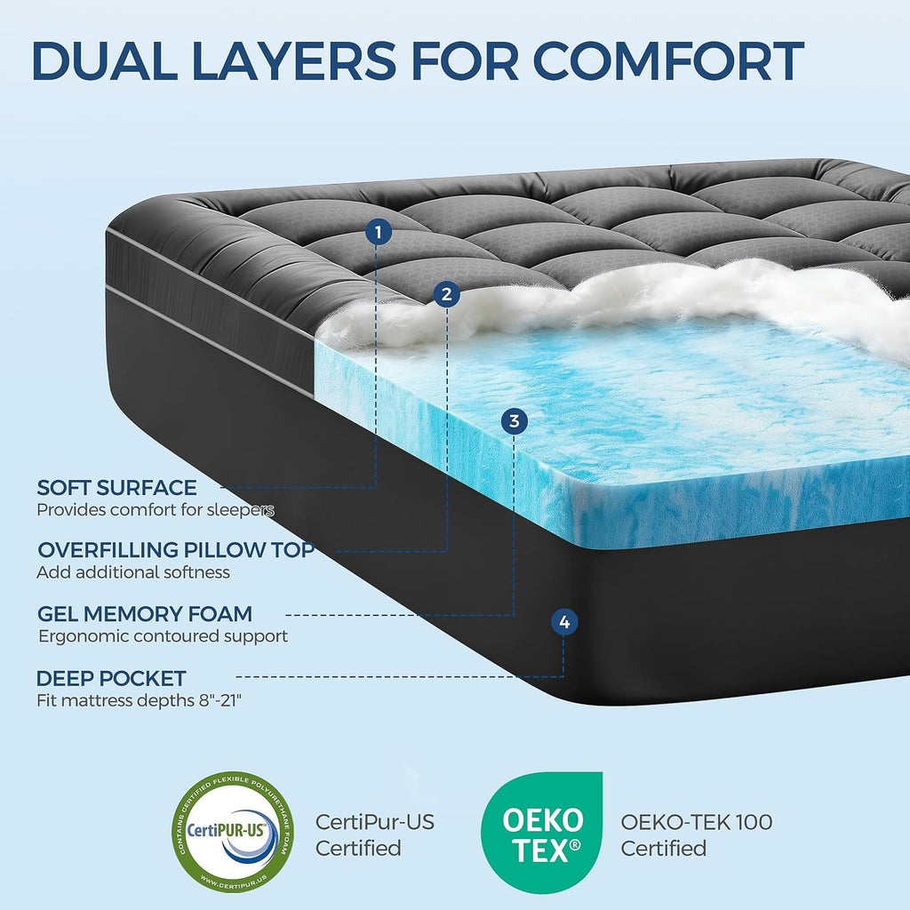 LovingLeashes Dual Layer 4 Inch Memory Foam Mattress Topper, 2 Inch Gel Memory Foam and 2 Inch Pillow Top Mattress Pad Cover for Bac…
