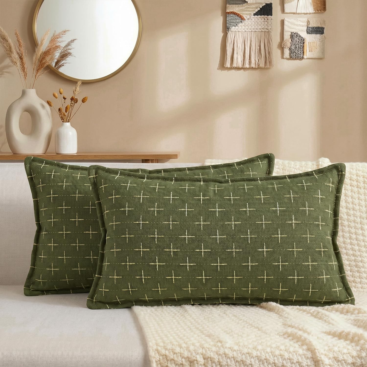 AVOINcolorlife AVOIN colorlife Pack of 2 Decorative Throw Pillow Covers 20x12 Inch, Flange Edges Woven Textured Cushion Case Home Decor for…