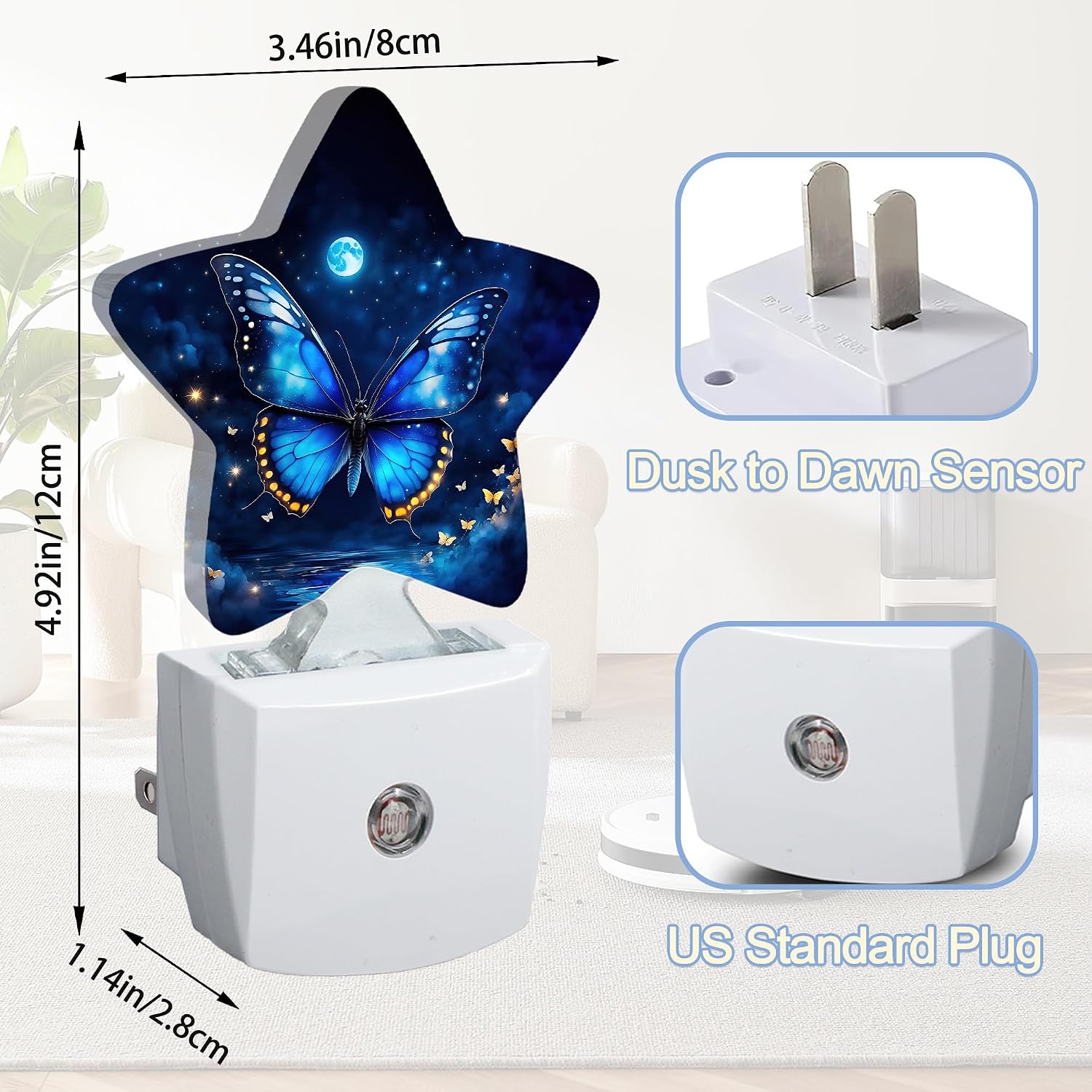 Snowmolle Blue Butterfly Moon Dusk to Dawn Star Night Light, Starry Sky Smart Sensor Nightlight for Bedroom Kitchen Hallway Stairs, Plug-in E…