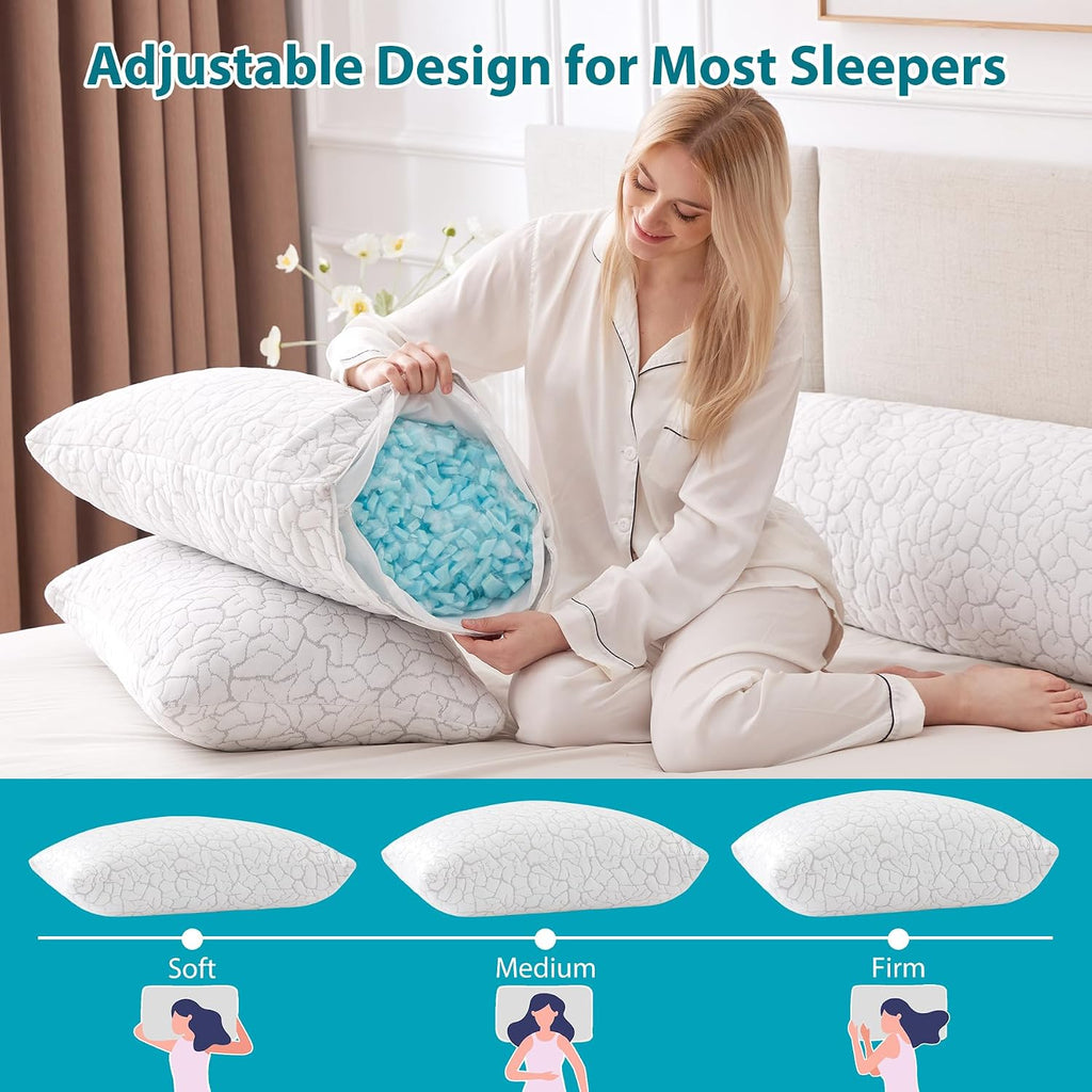 Wgakced Cooling Pillows for Sleeping 1 Pack, Standard Size Adjustable Shredded Memory Foam Pillows, Firm Bed Pillows for Side, Back, Stomac…