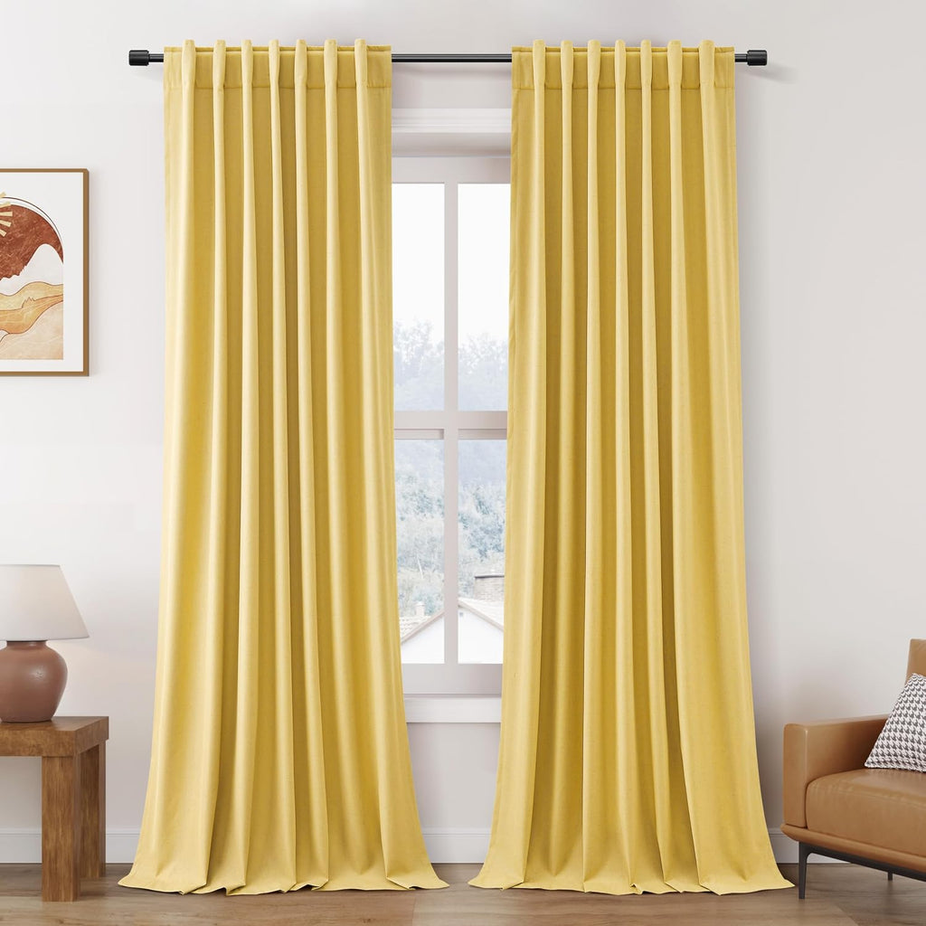 Nanspring Gold Yellow 100% Blackout Linen Curtains 108 Inches Long for Bedroom Back Tab Thermal Insulated Modern Farmhouse Decor Black Out…