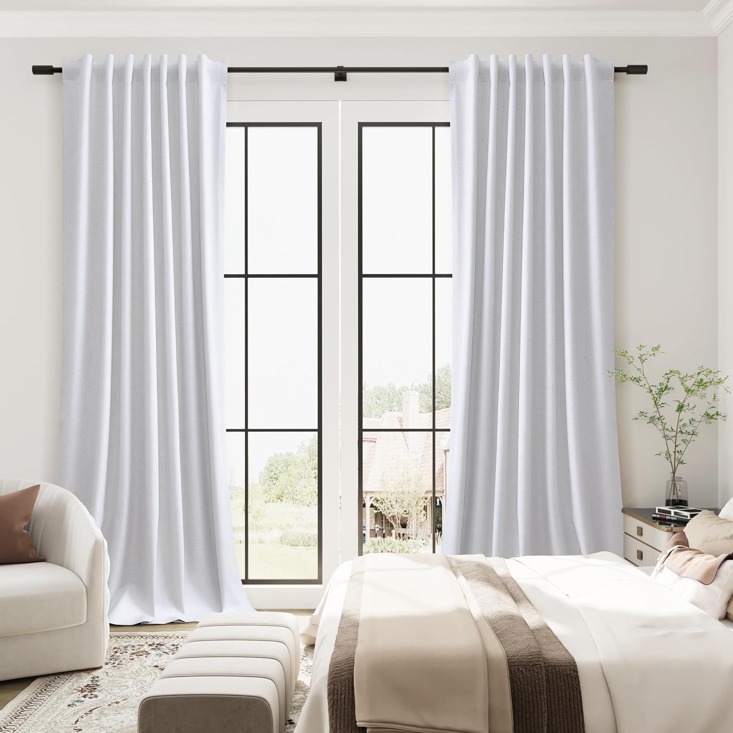 Guken Beige White 100% Blackout Linen Curtains 90 Inches Long 2 Panels Room Darkening Curtain for Bedroom Living Room Back Tab Hook Belt Bl…