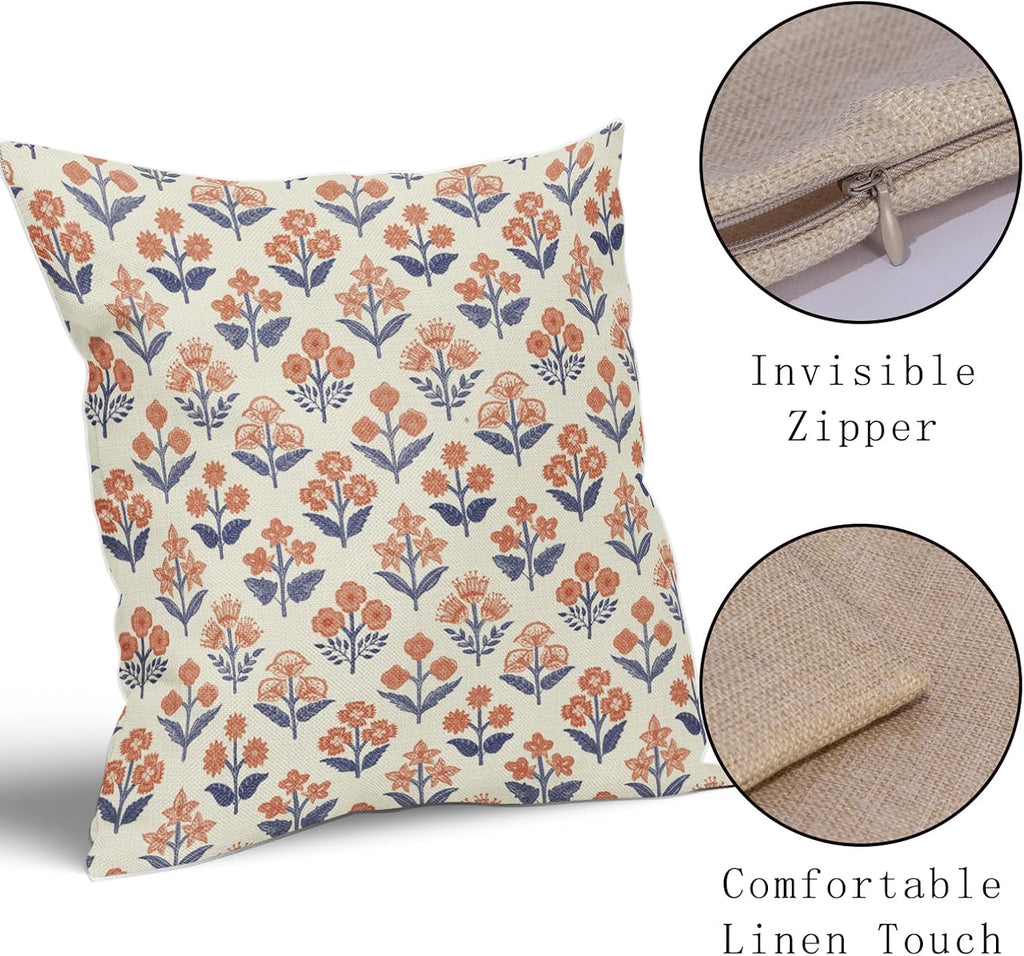 Navy Blue Orange Floral Block Print Pillow Covers 18x18 Inch Set of 2, Fall Vintage Flower Pattern Decorative Throw Pillowcases Outdoor…