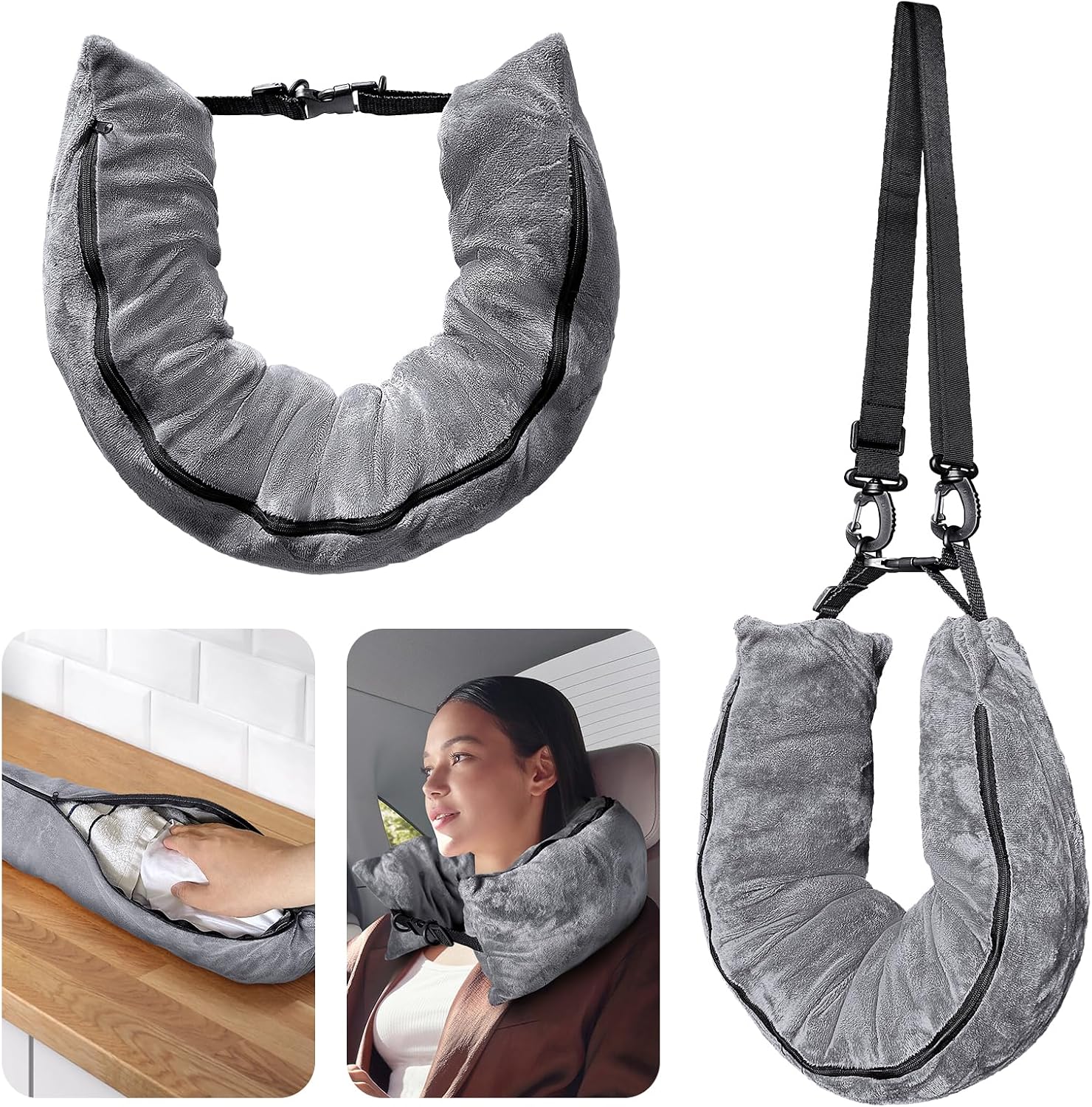 Stuffable Travel Pillow for Extra Luggage, Velvet Travel Neck Pillow Storage Bag with Adjustable Neck Size, Fits About 6 T-Shirts Travel…