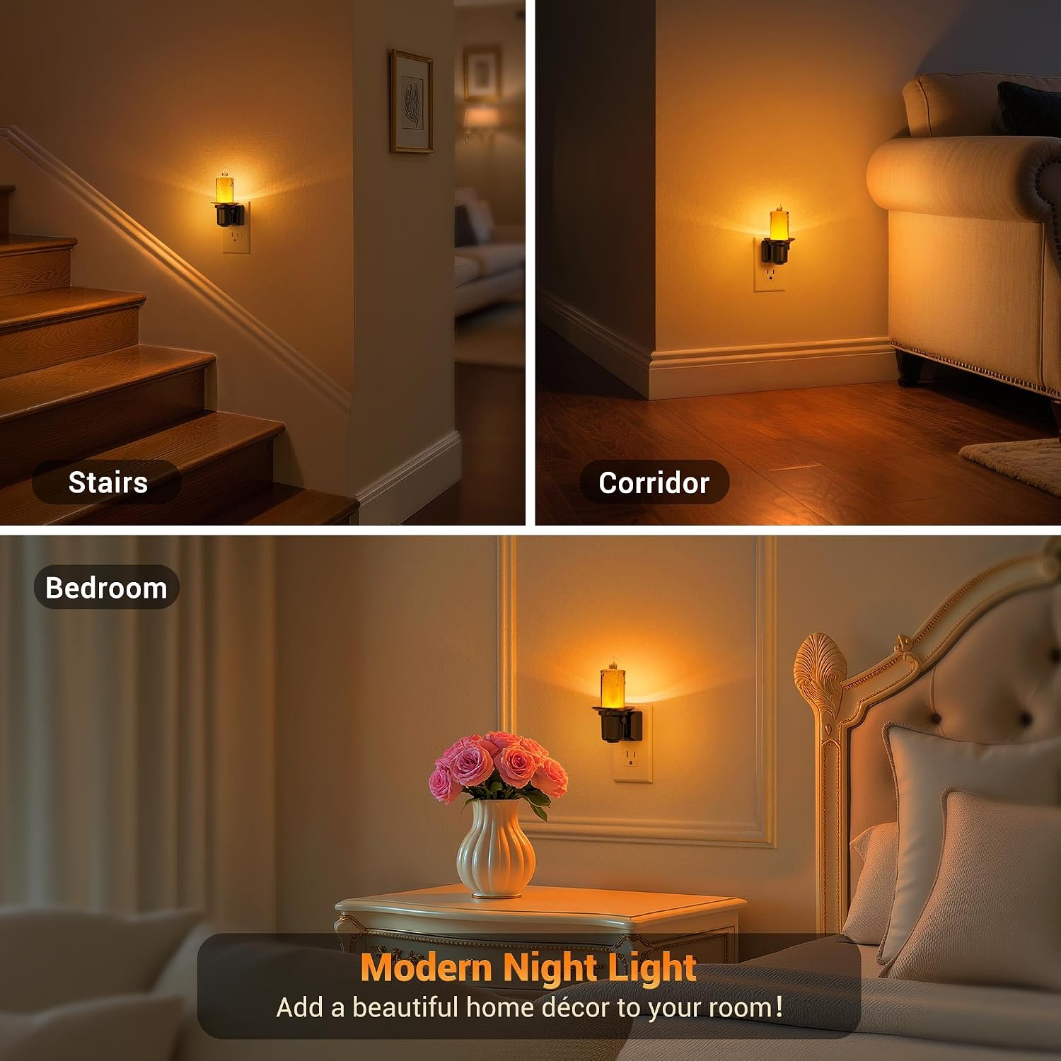 JandCase Night Lights Plug into Wall, 2 Pack Flameless Candle Night Light, 2000K Amber, Dusk to Dawn Sensor Nightlight, 0-100LM Dimmable…
