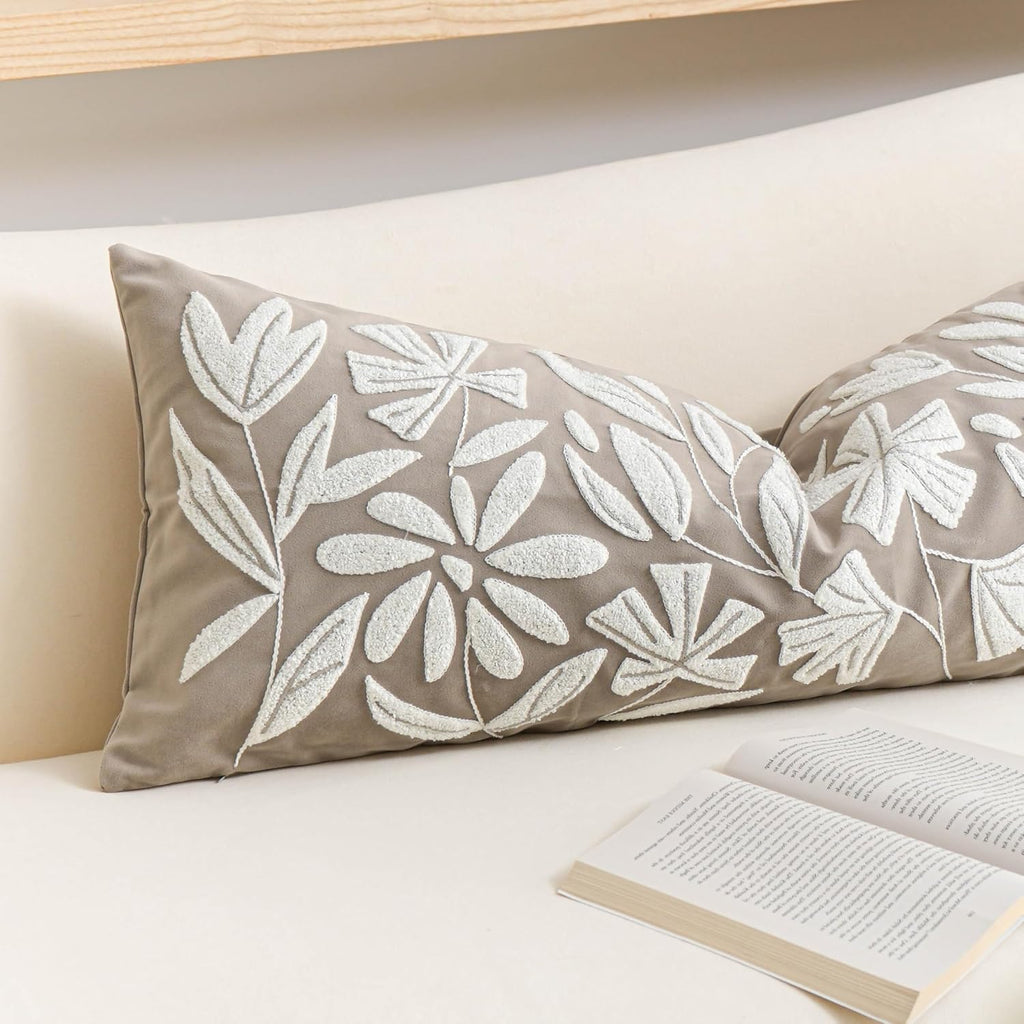 BlissBlush 14x36 Lumbar Pillow Cover for Bed, Taupe Rectangular Long Throw Pillowcase, Embroidered Velvet Floral Tufted Farmhouse Accent…