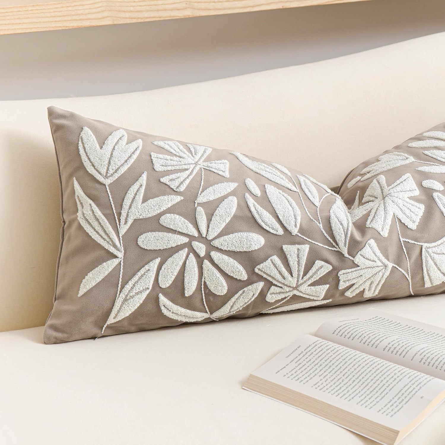 BlissBlush 14x36 Lumbar Pillow Cover for Bed, Taupe Rectangular Long Throw Pillowcase, Embroidered Velvet Floral Tufted Farmhouse Accent…