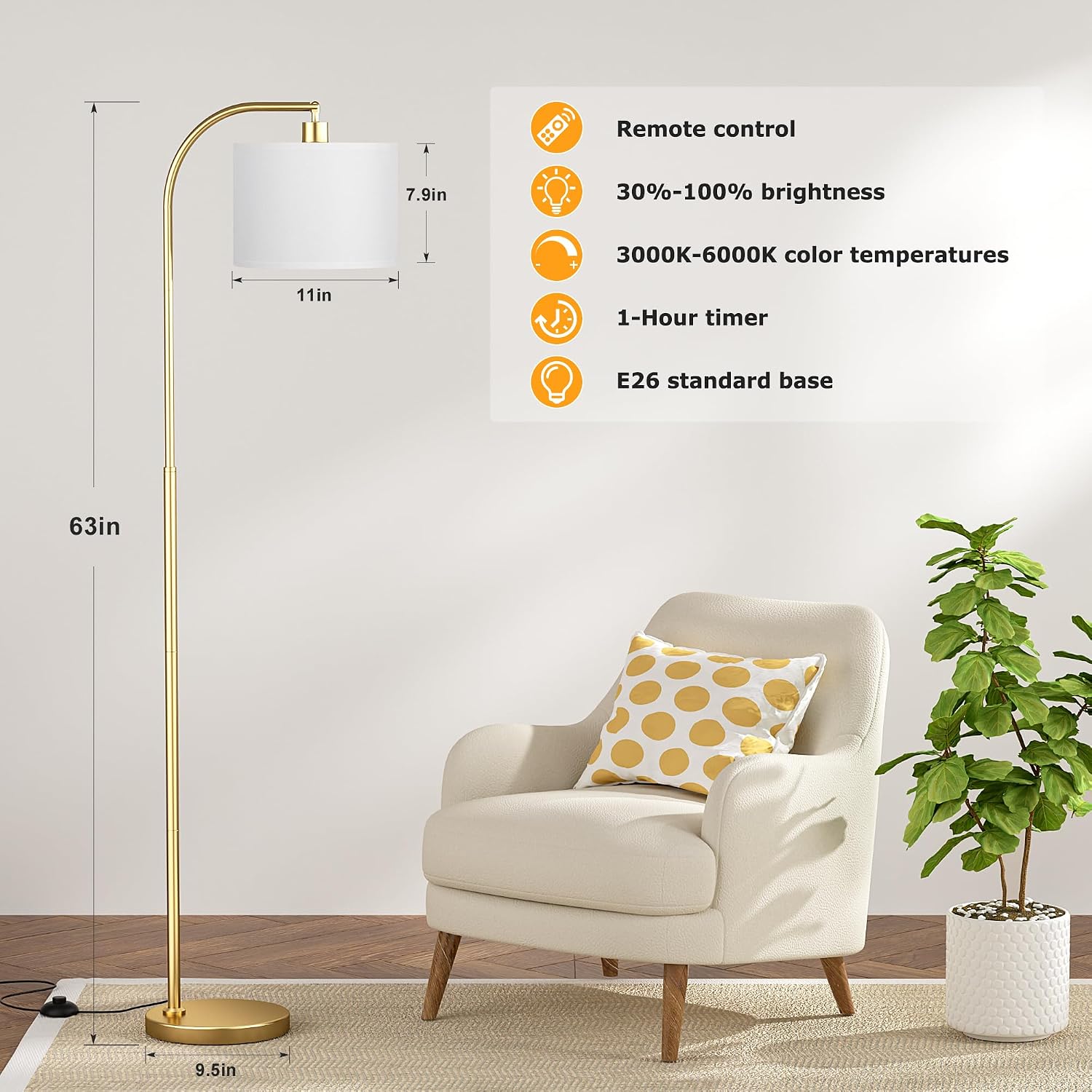 Ambimall Arc Floor Lamp with Remote and Stepless Dimmable Bulb, Colors Temperature & Brightness Adjustable, Floor Lamps for Living Room(Whi…