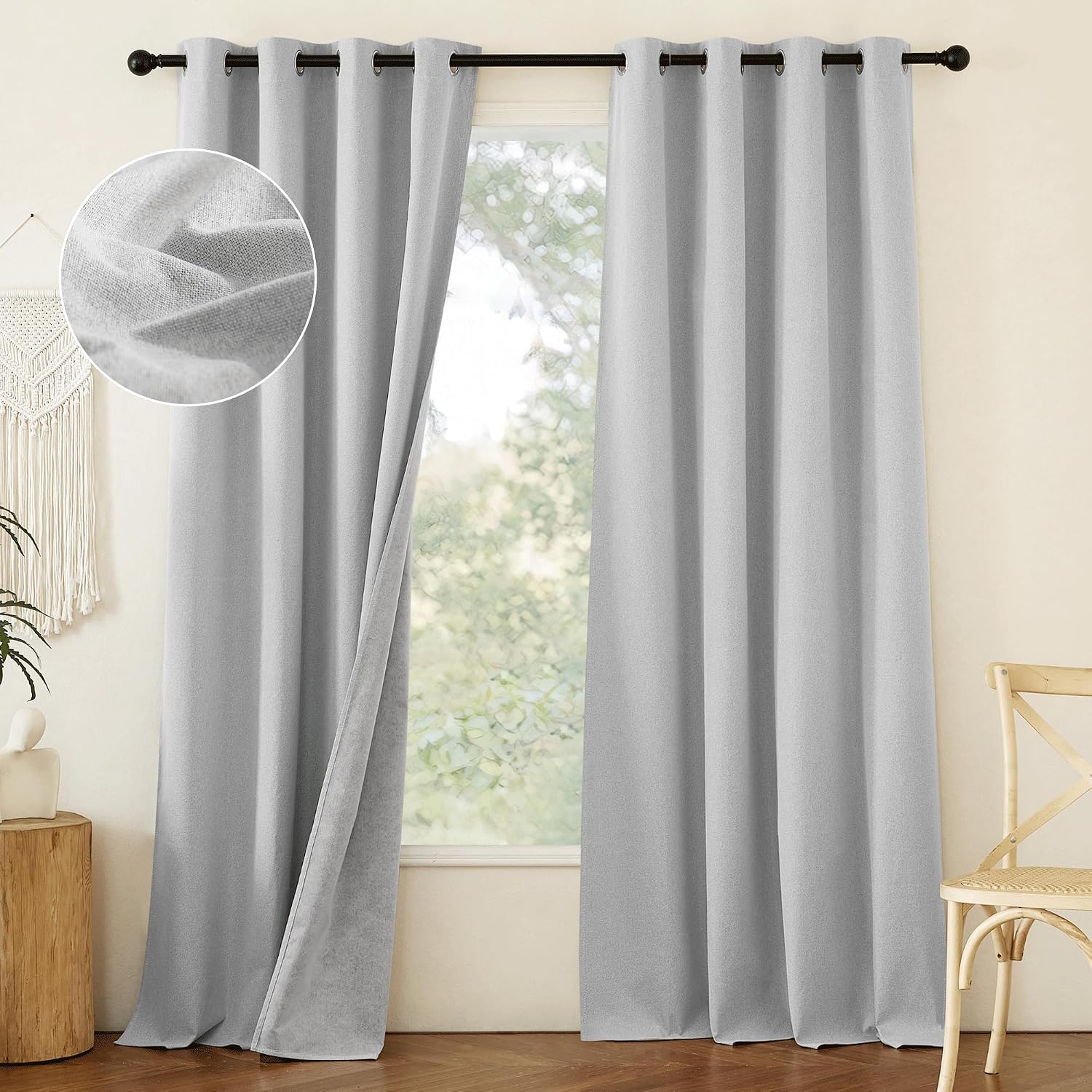 NICETOWN 100% Absolutely Blackout Faux Linen Curtains with Thermal Insulated White Liner, Greyish White, W52, 2 Pieces, Noise Reducing…