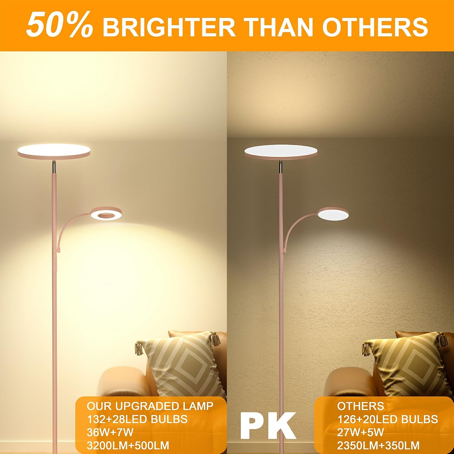 Marctronic Pink Floor Lamp, 42W 4000LM Super Bright LED Room Lamp with Adjustable Reading Light, Dimmable Modern Standing Lamp with Remote &…