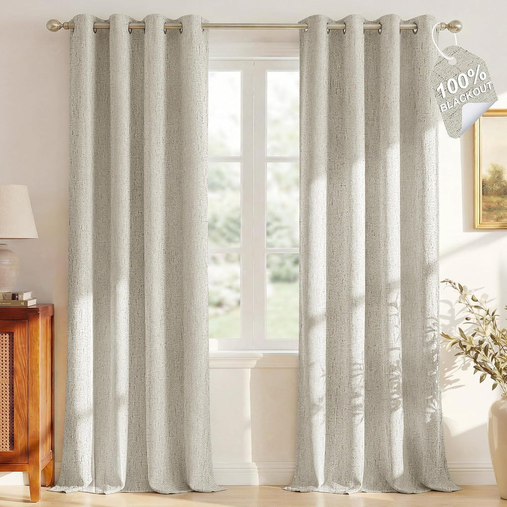 Nicetown 100% Blackout Linen Ivory Curtains with White Liner Composite, Grommet Thermal Drapes Home Decor Farmhouse Window Treatments for L…