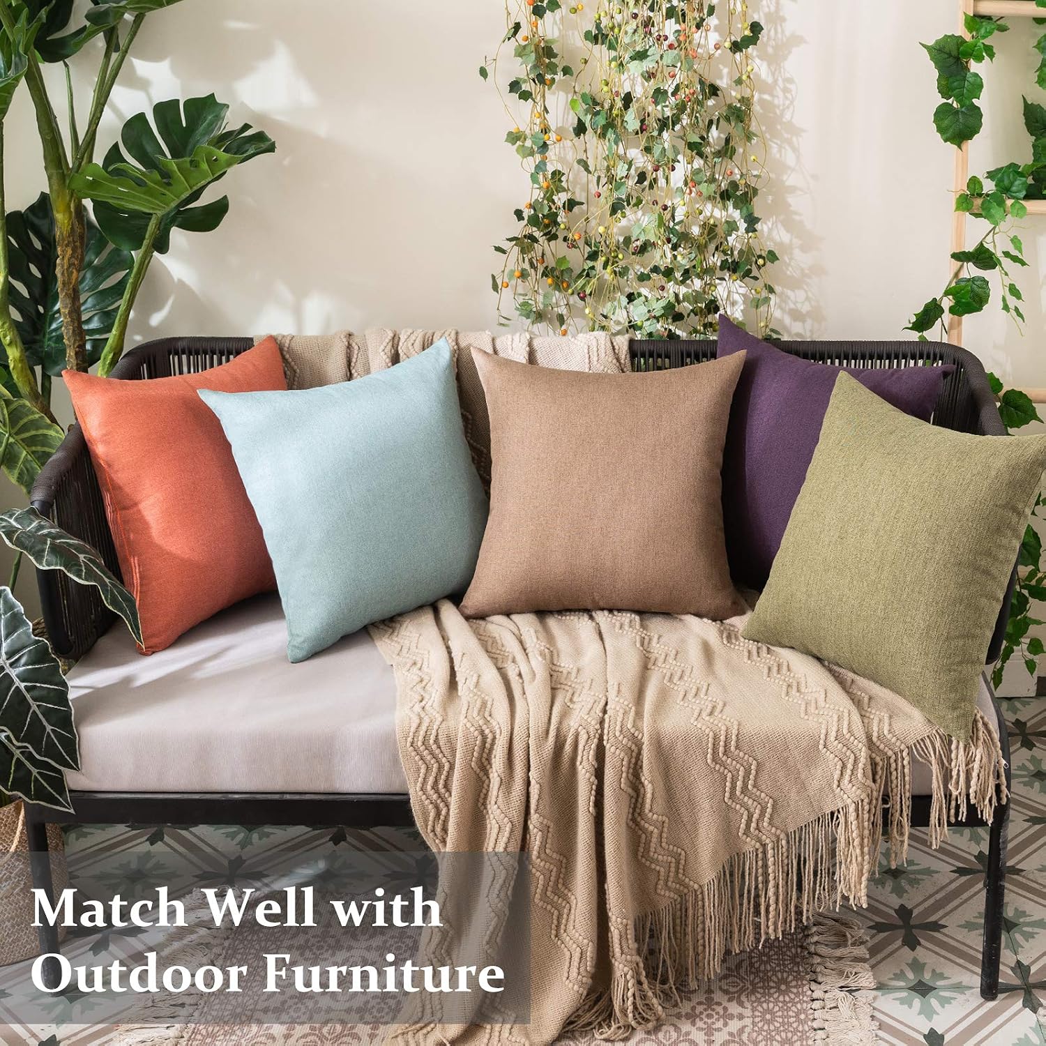 Miulee Pack of 2 Decorative Outdoor Solid Waterproof Throw Pillow Covers Faux Linen Garden Farmhouse Cushion Cases for Patio Tent Balcony C…
