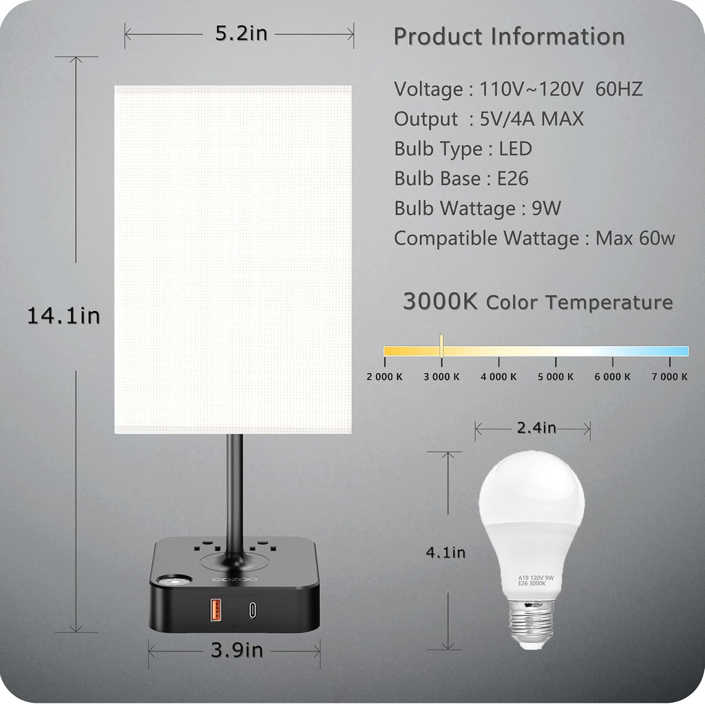 Table Lamp Dimmable cozoo USB Bedside Table Desk Lamp with 2 USB Charging Port(A+C) 2 Outlet, Nightstand Lamp with Charger Base White…