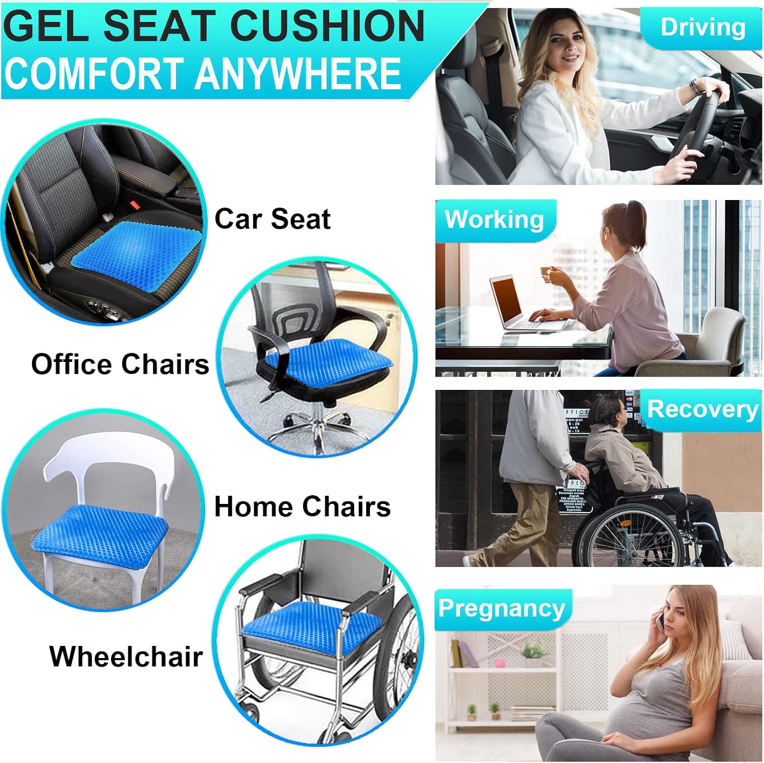 Helishy Gel Seat Cushion for Long Sitting - 1.65inch Double Thick Cooling Egg Cushion for Back, Hip, Sciatica, Coccyx, Tailbone - Office Ch…