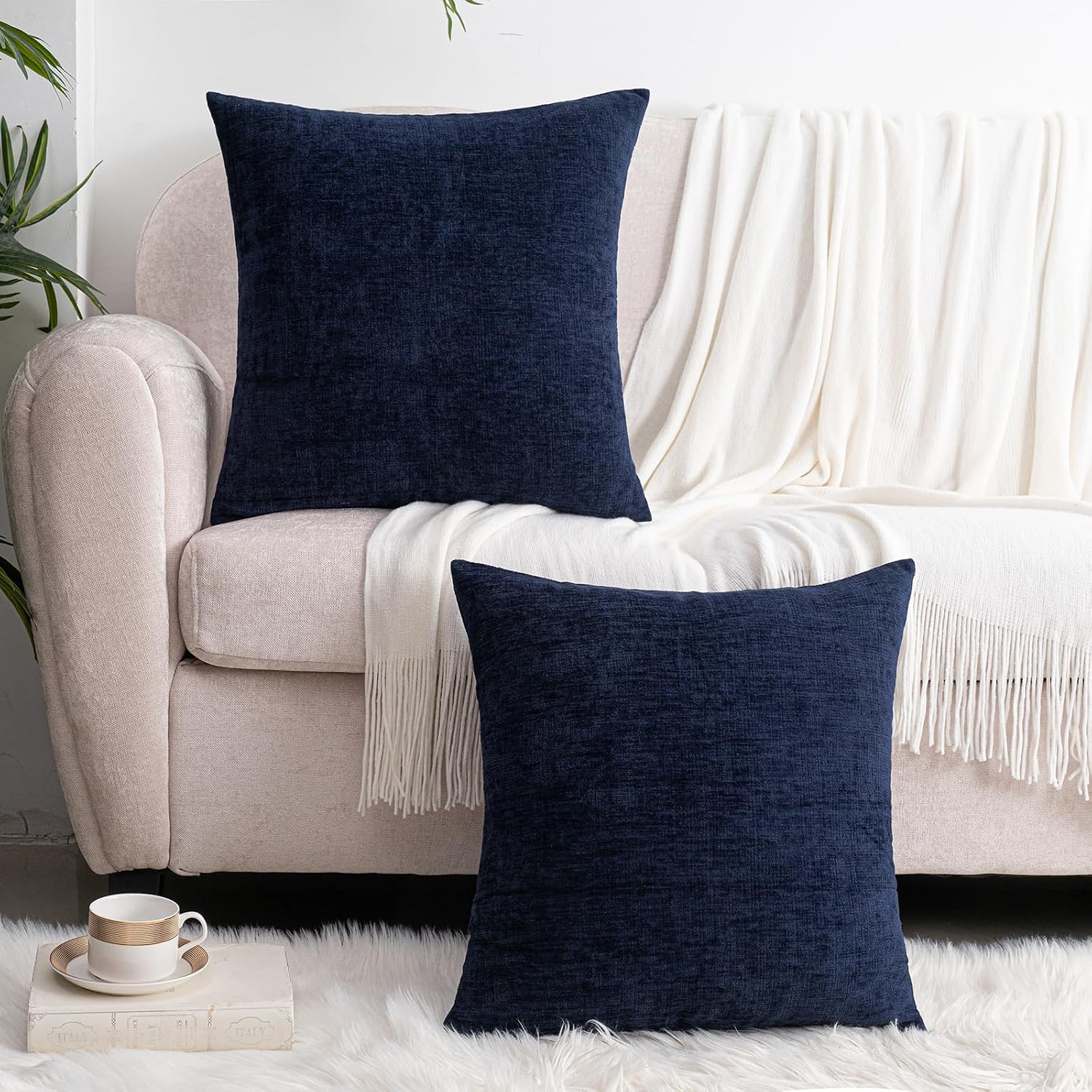 Hwy50 HWY 50 Navy Blue Couch Pillow Covers 16x16 Inch Pack of 2, Soft Chenille Decorative Throw Pillow Cases Farmhouse for Sofa Living Room…